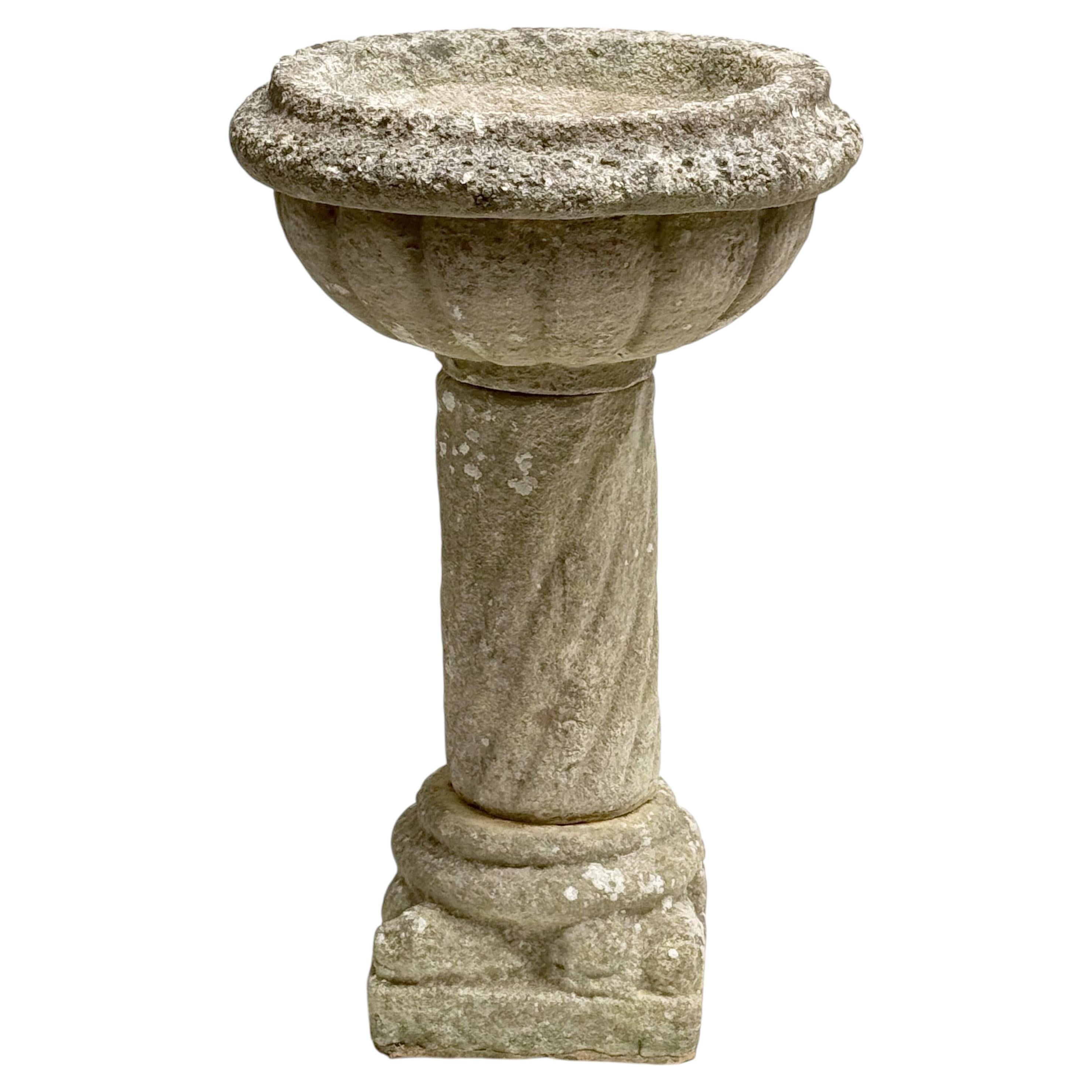 English Garden Stone Planter or Urn on Pedestal Stand in the Medieval Style For Sale