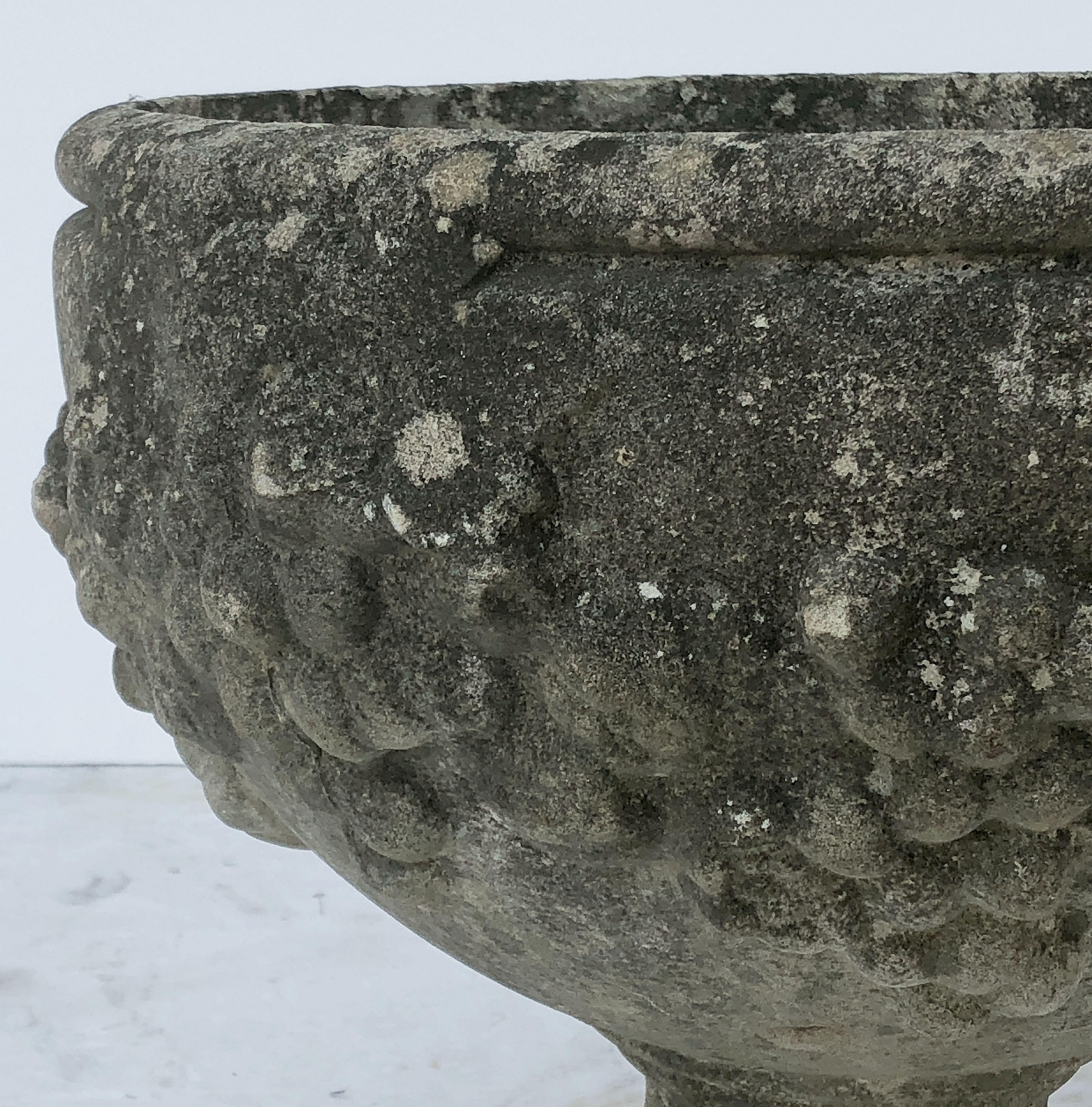 English Garden Stone Planter Pot or Urn with Relief of Grapes For Sale 2