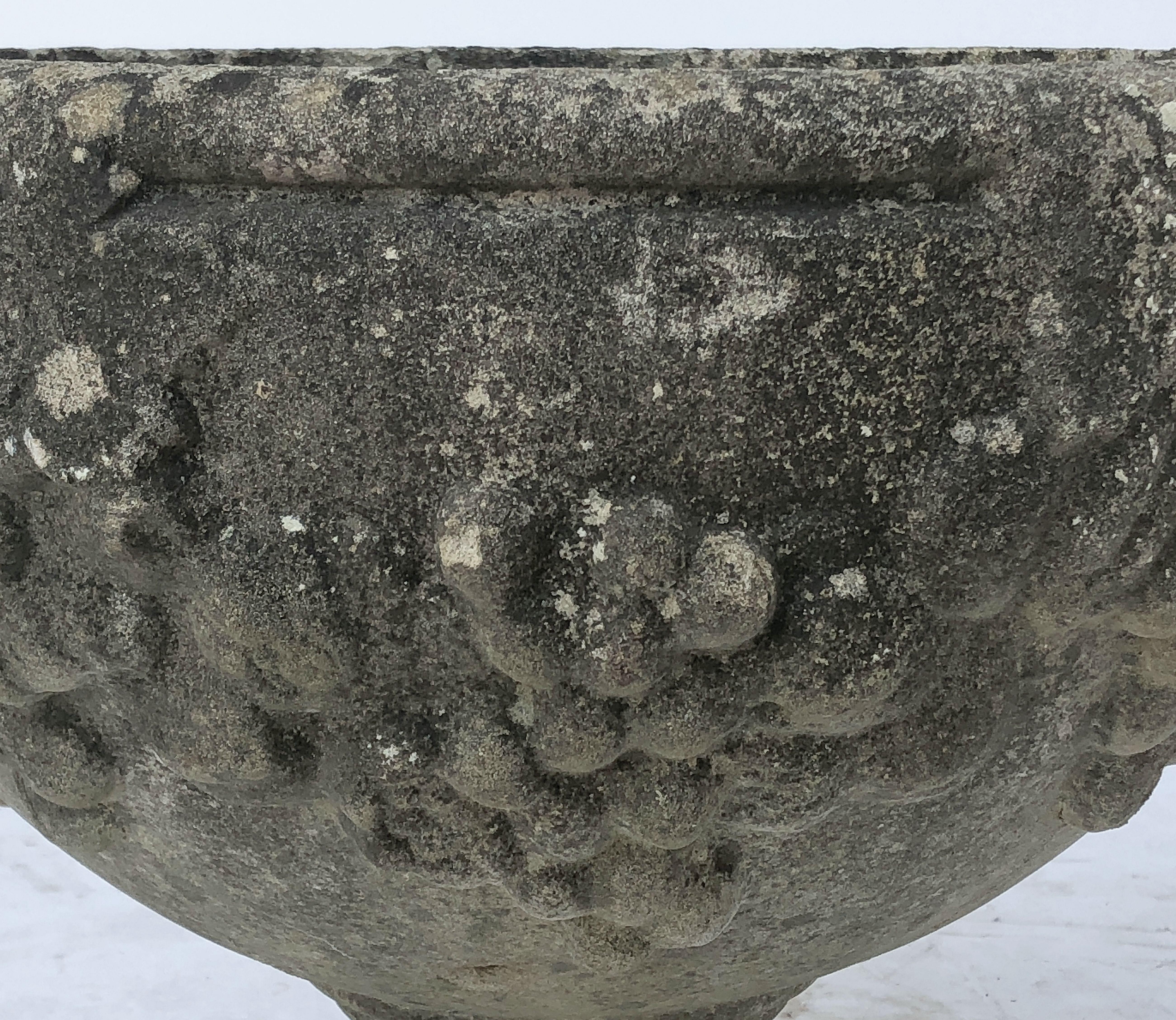 English Garden Stone Planter Pot or Urn with Relief of Grapes For Sale 3