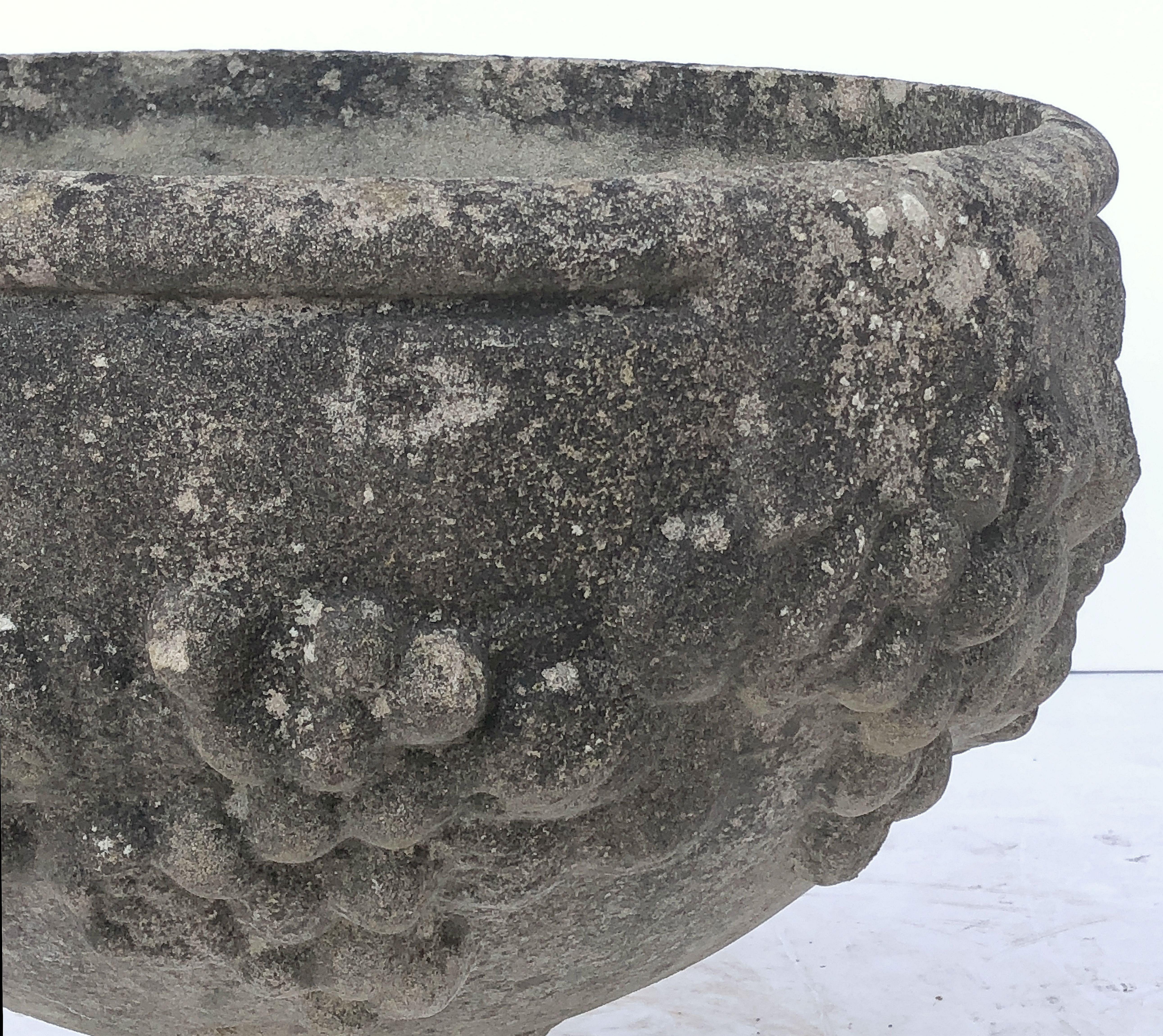 English Garden Stone Planter Pot or Urn with Relief of Grapes For Sale 4