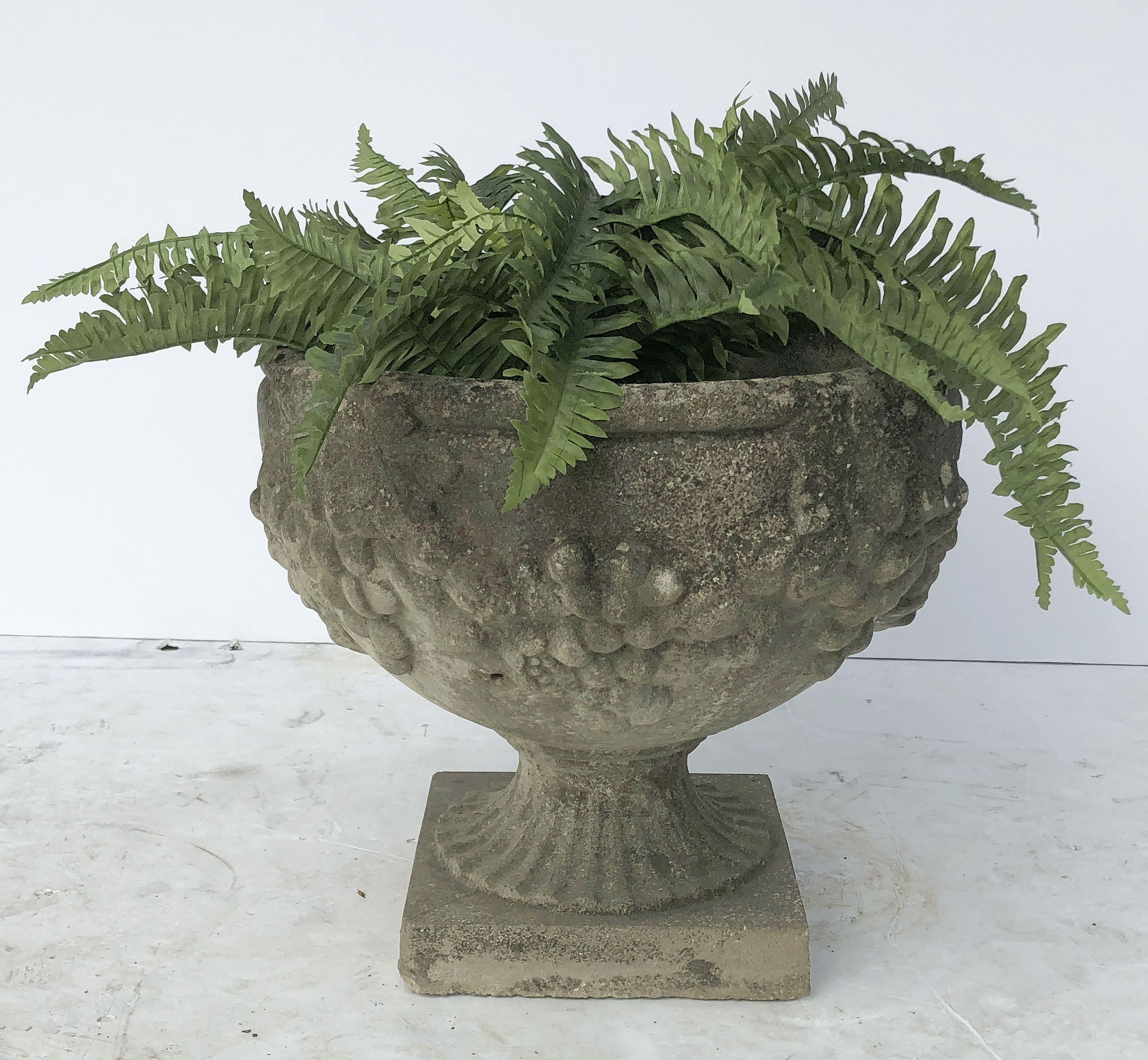 English Garden Stone Planter Pot or Urn with Relief of Grapes In Good Condition For Sale In Austin, TX