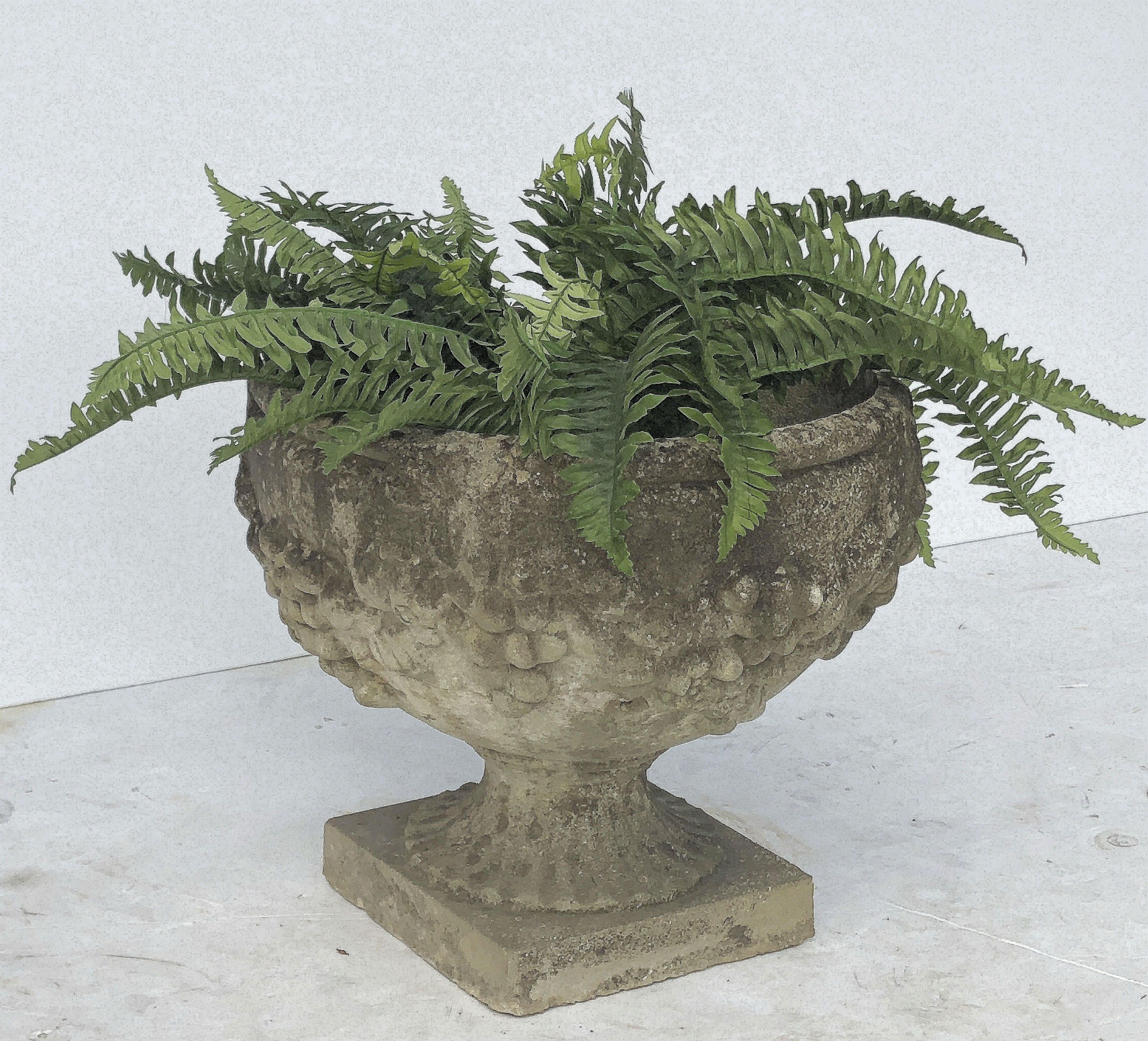 20th Century English Garden Stone Planter or Urn with Relief of Grapes