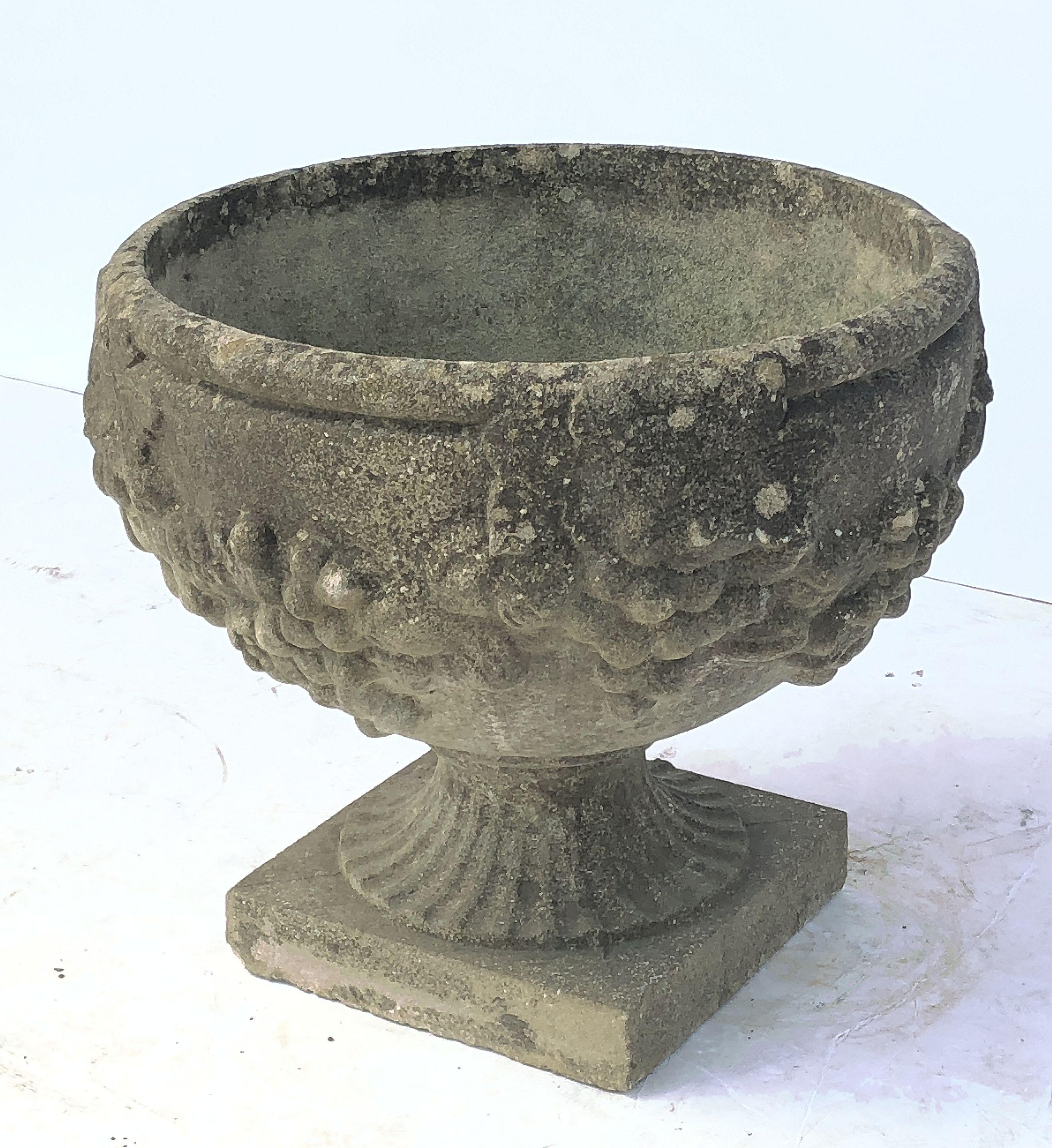 Cast Stone English Garden Stone Planter Pot or Urn with Relief of Grapes For Sale