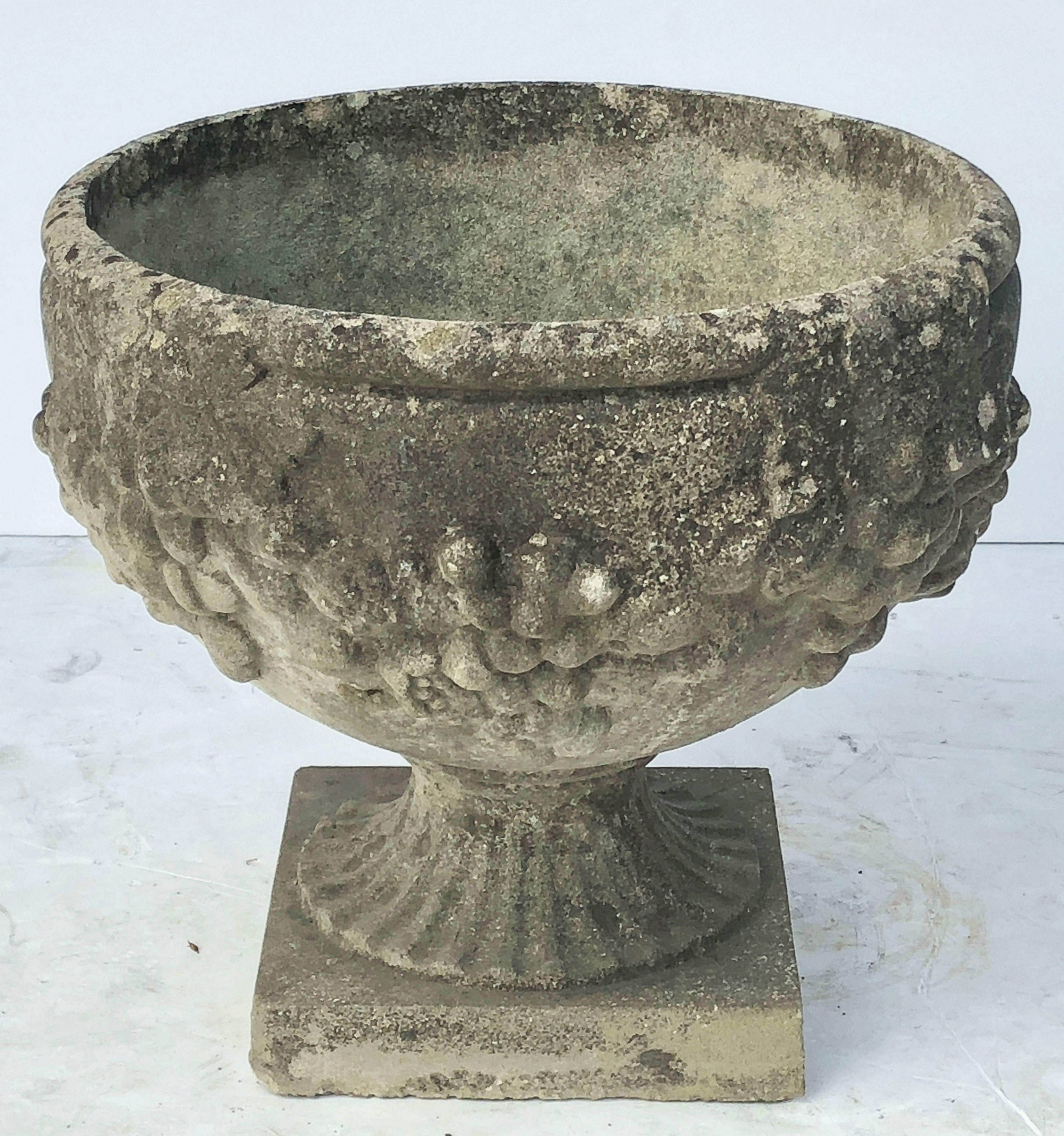 English Garden Stone Planter Pot or Urn with Relief of Grapes For Sale 1