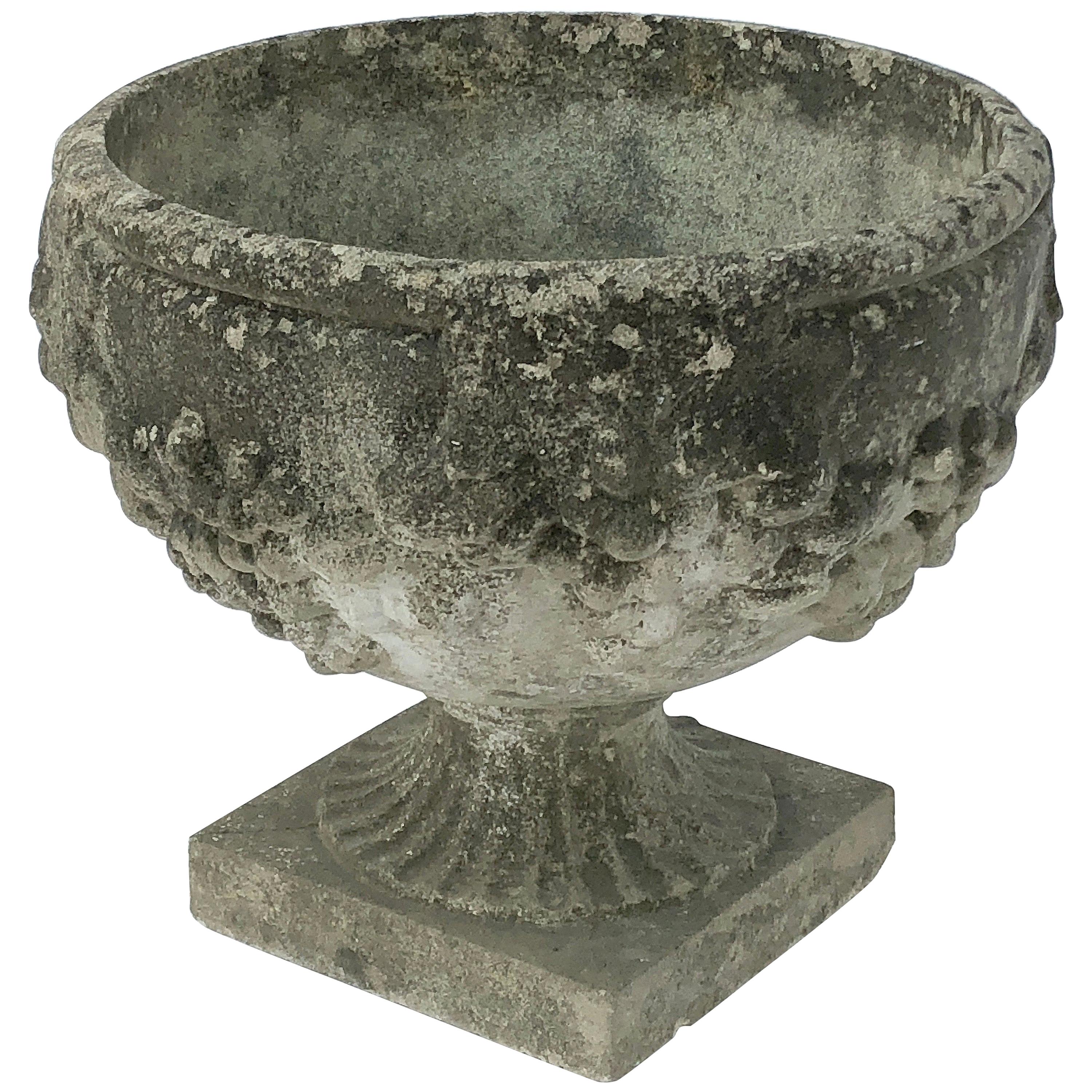 English Garden Stone Planter Pot or Urn with Relief of Grapes For Sale