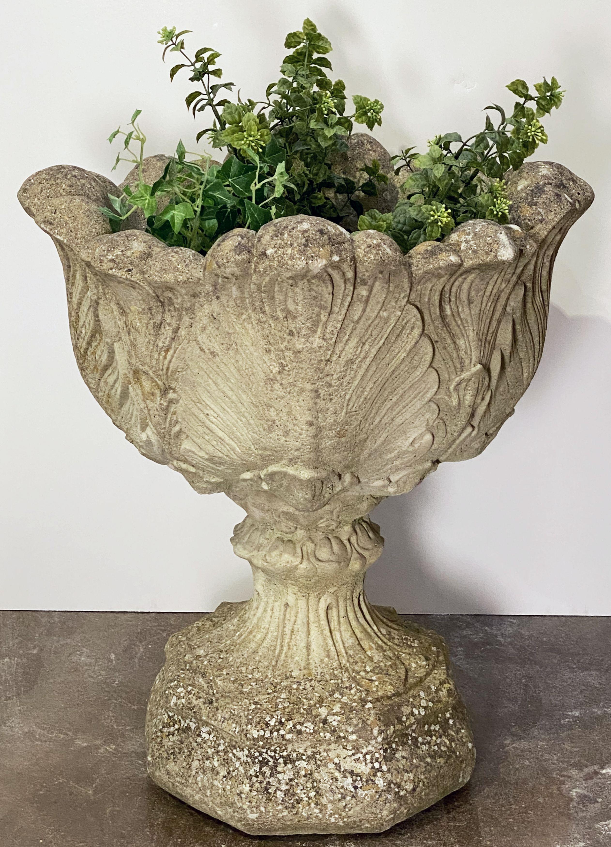 A fine English garden urn or planter pot of composition stone, featuring an acanthus leaf design to the bowl and the supporting rounded plinth base.

Breaks down into two pieces for easy shipping.