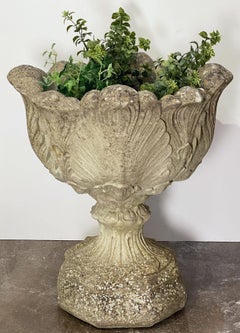 English Garden Stone Urn or Planter Pot on Plinth with Acanthus Leaf Design