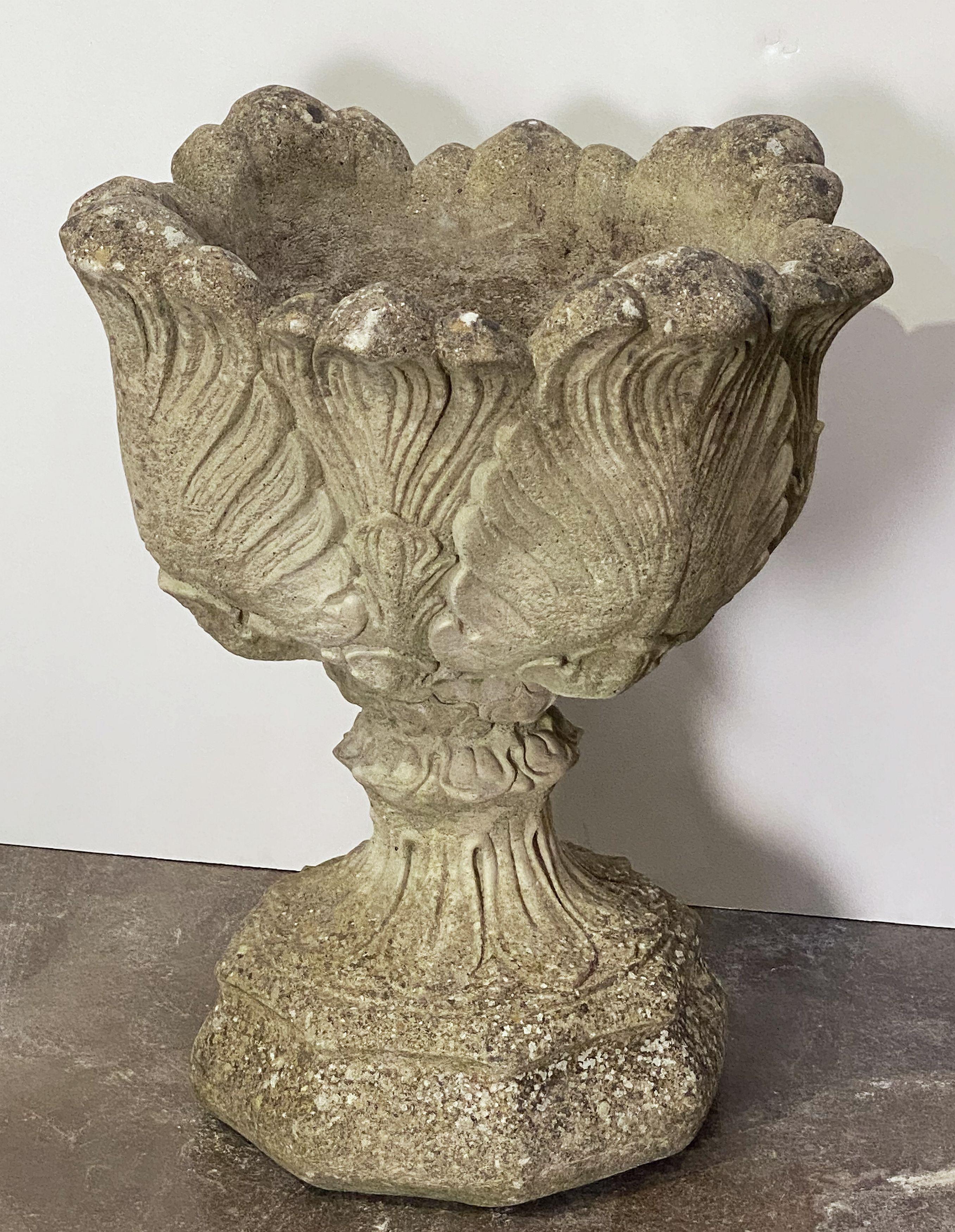 English Garden Stone Urn or Planter Pot on Plinth with Acanthus Leaf Design In Good Condition In Austin, TX