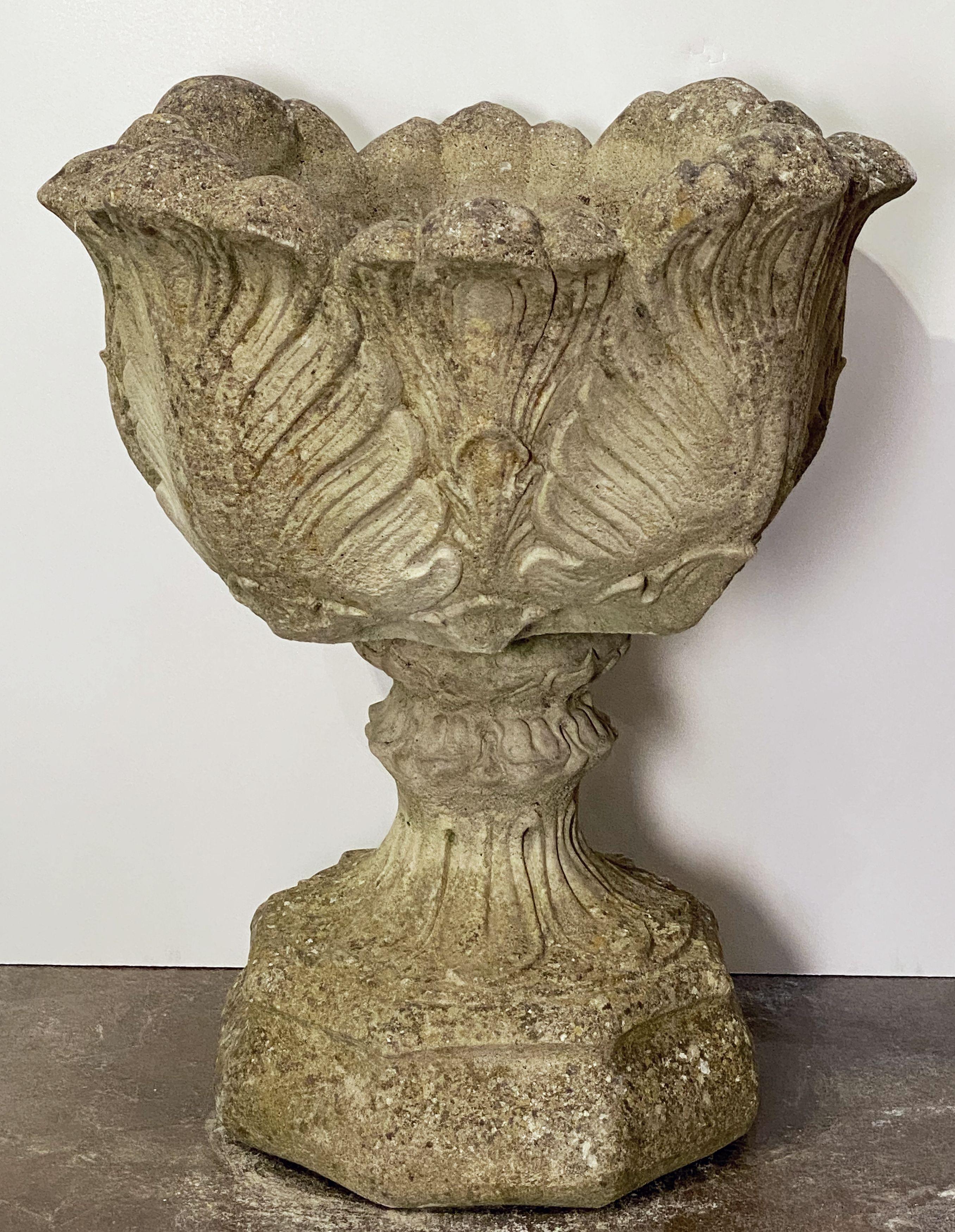 20th Century English Garden Stone Urn or Planter Pot on Plinth with Acanthus Leaf Design