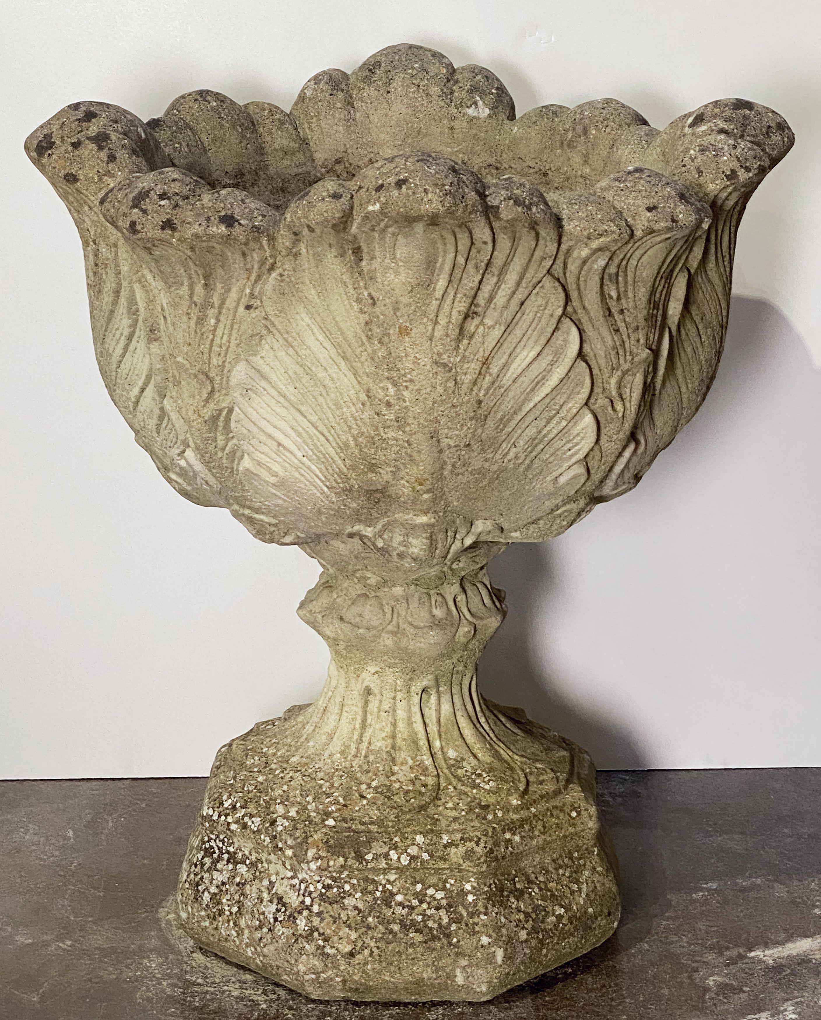 English Garden Stone Urn or Planter Pot on Plinth with Acanthus Leaf Design 2