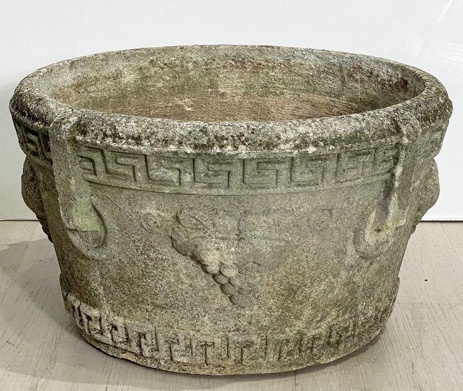 English Garden Stone Round Planters with Greek Key Design 'Individually Priced' In Good Condition For Sale In Austin, TX