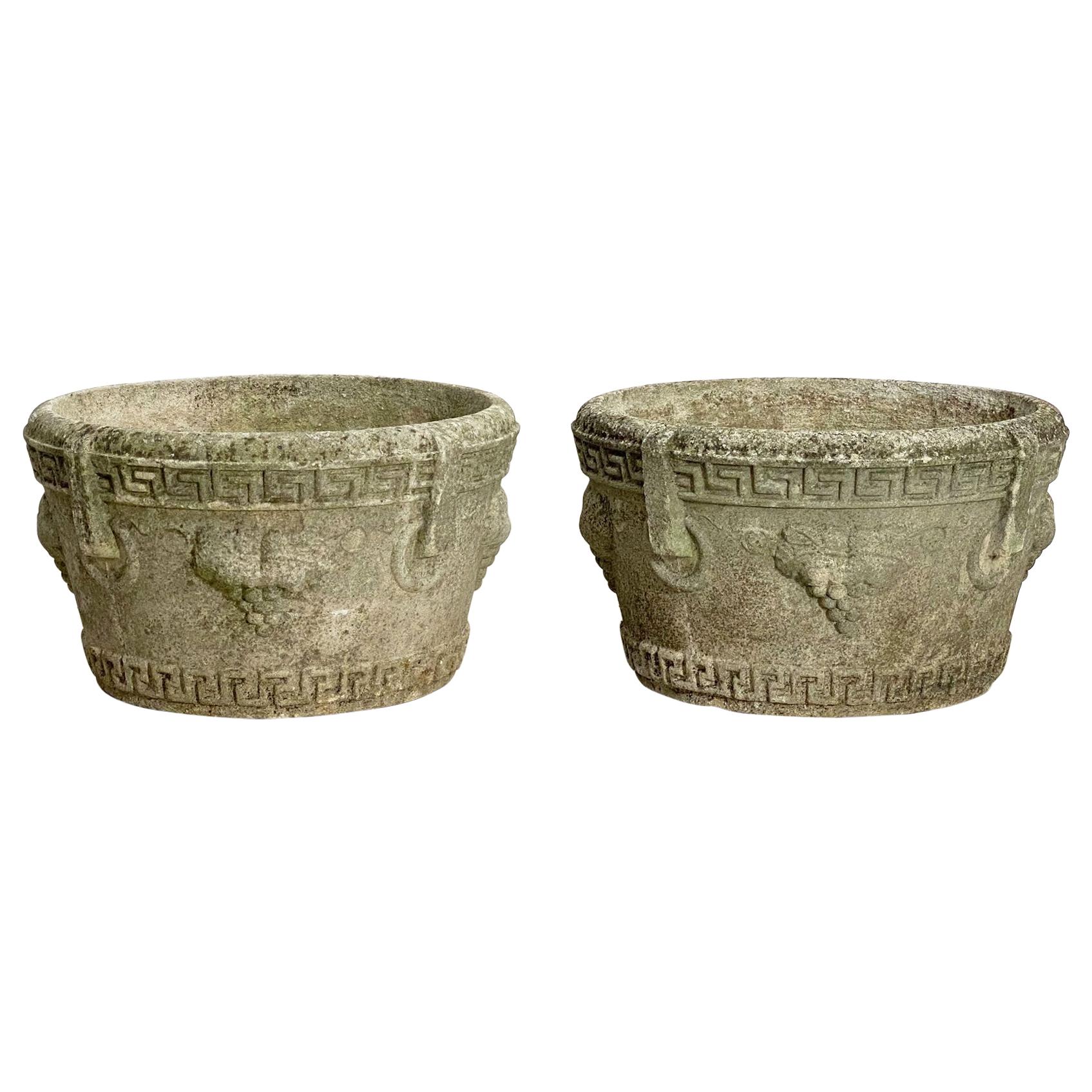 English Garden Stone Round Planters with Greek Key Design 'Individually Priced' For Sale