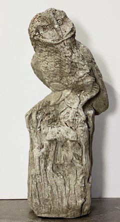 English Garden Stone Statue of an Owl Perched on Tree Stump