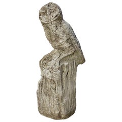 Vintage English Garden Stone Statue of an Owl Perched on Tree Stump