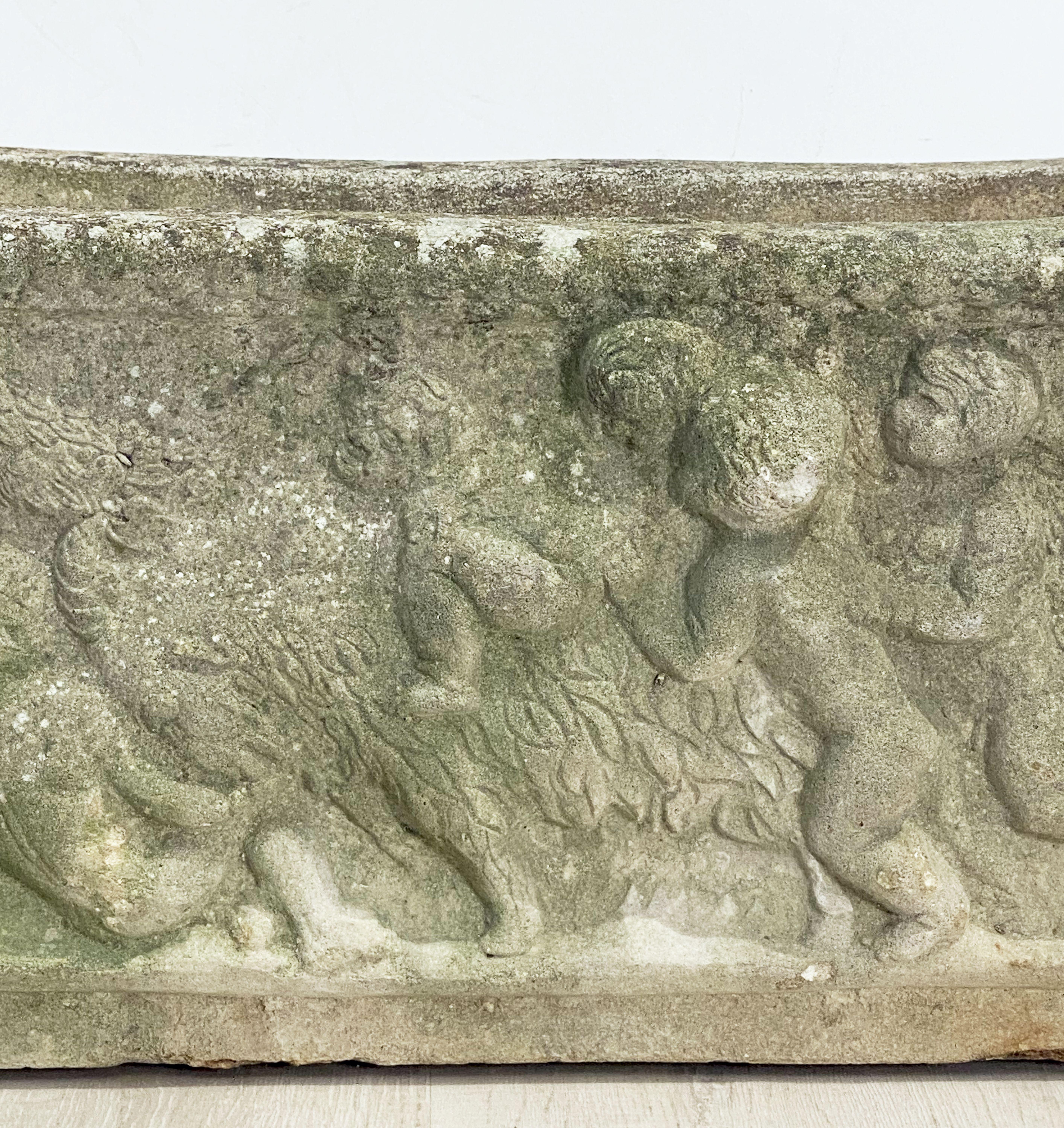 English Garden Stone Trough or Planter with Cherub Relief In Good Condition For Sale In Austin, TX