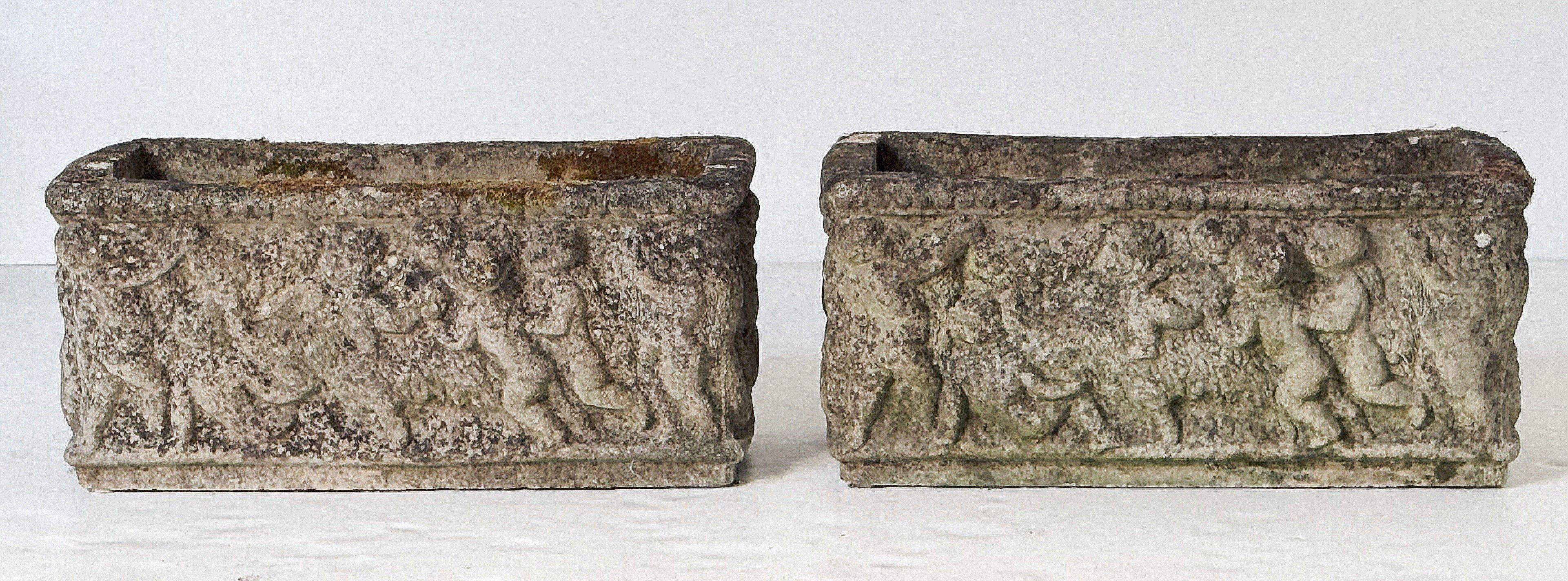 Neoclassical English Garden Stone Trough or Planter with Cherub Relief -Two Available For Sale
