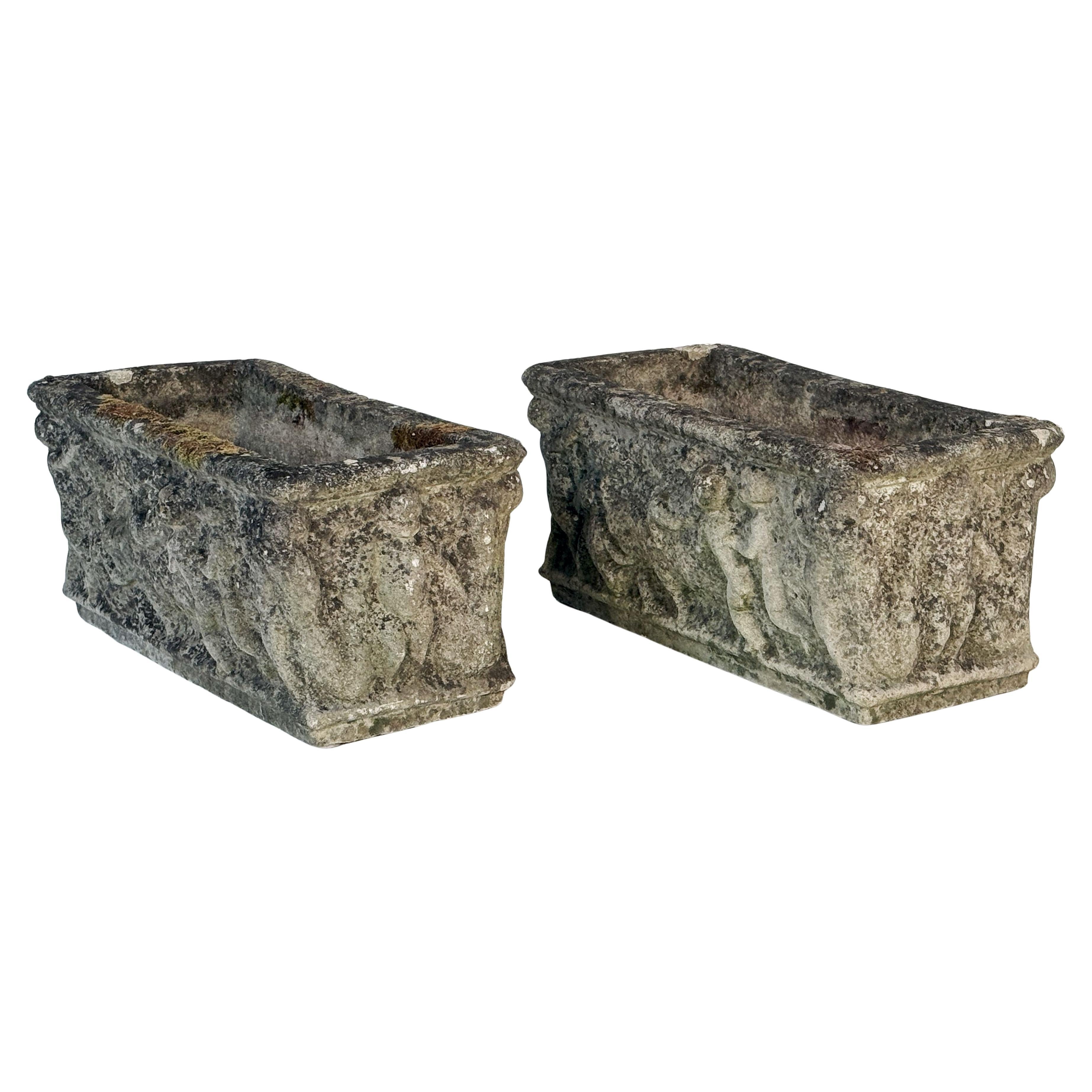 English Garden Stone Trough or Planter with Cherub Relief -Two Available In Good Condition For Sale In Austin, TX