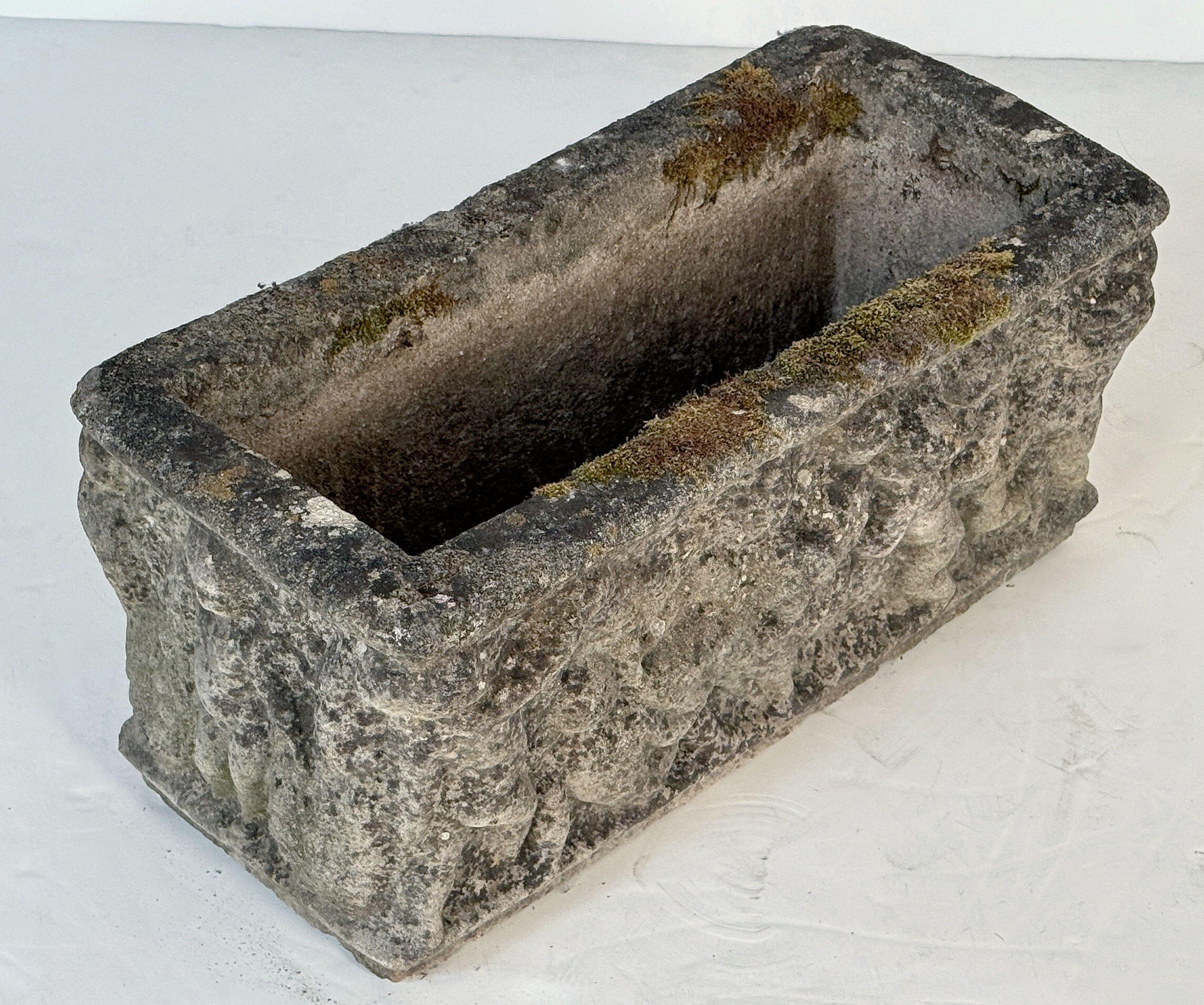 20th Century English Garden Stone Trough or Planter with Cherub Relief -Two Available For Sale
