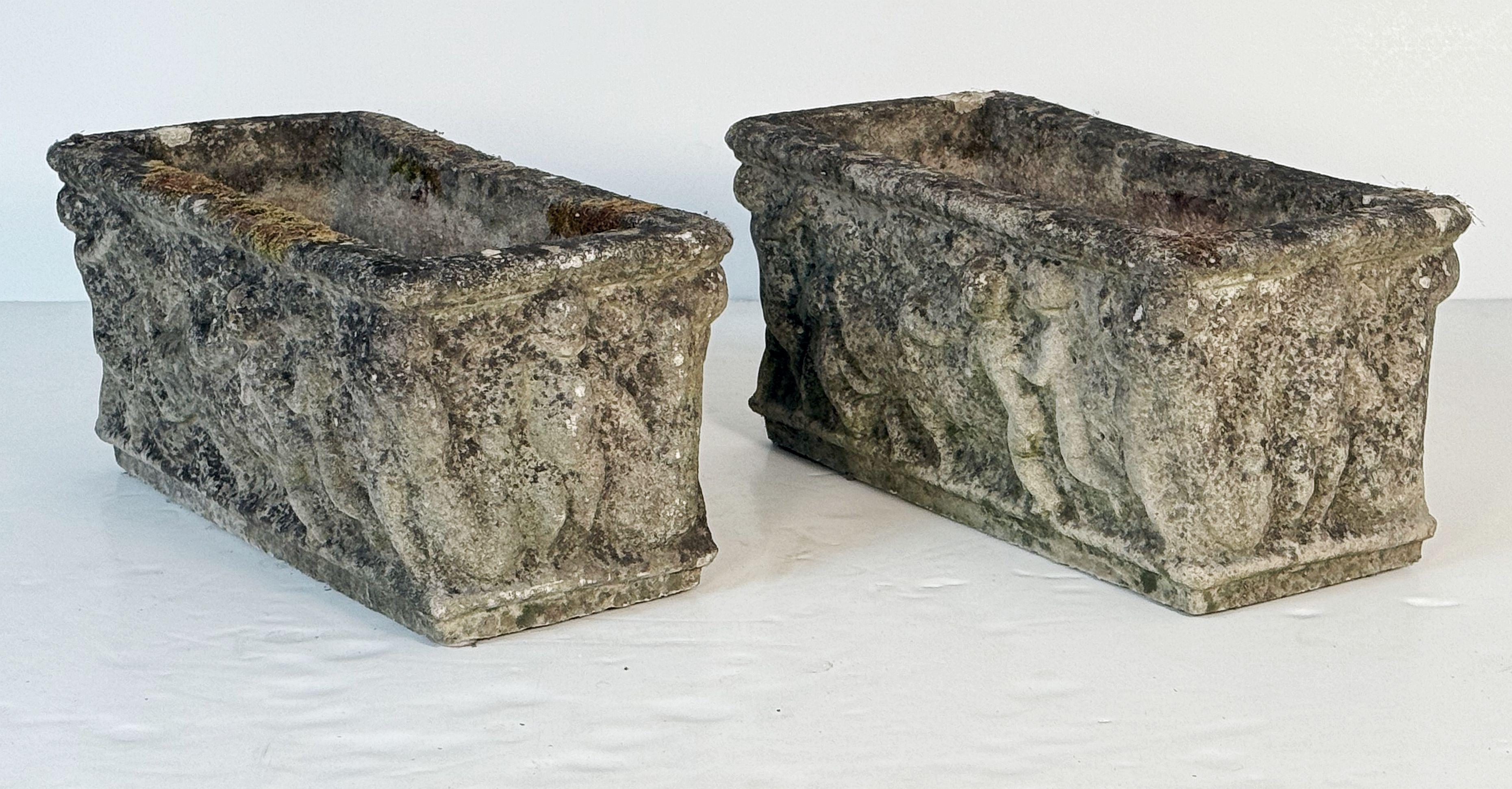 English Garden Stone Trough or Planter with Cherub Relief -Two Available For Sale 4