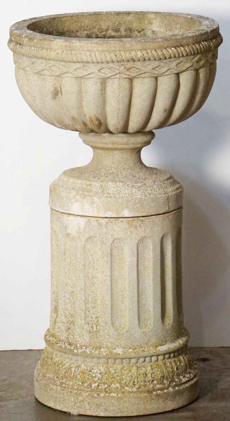 English Garden Stone Urn on Plinth in the Neo-Classical Style For Sale 13