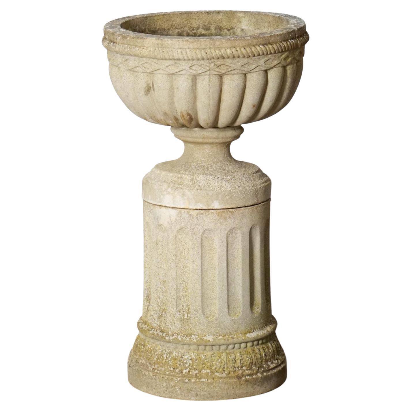 English Garden Stone Urn on Plinth in the Neo-Classical Style For Sale