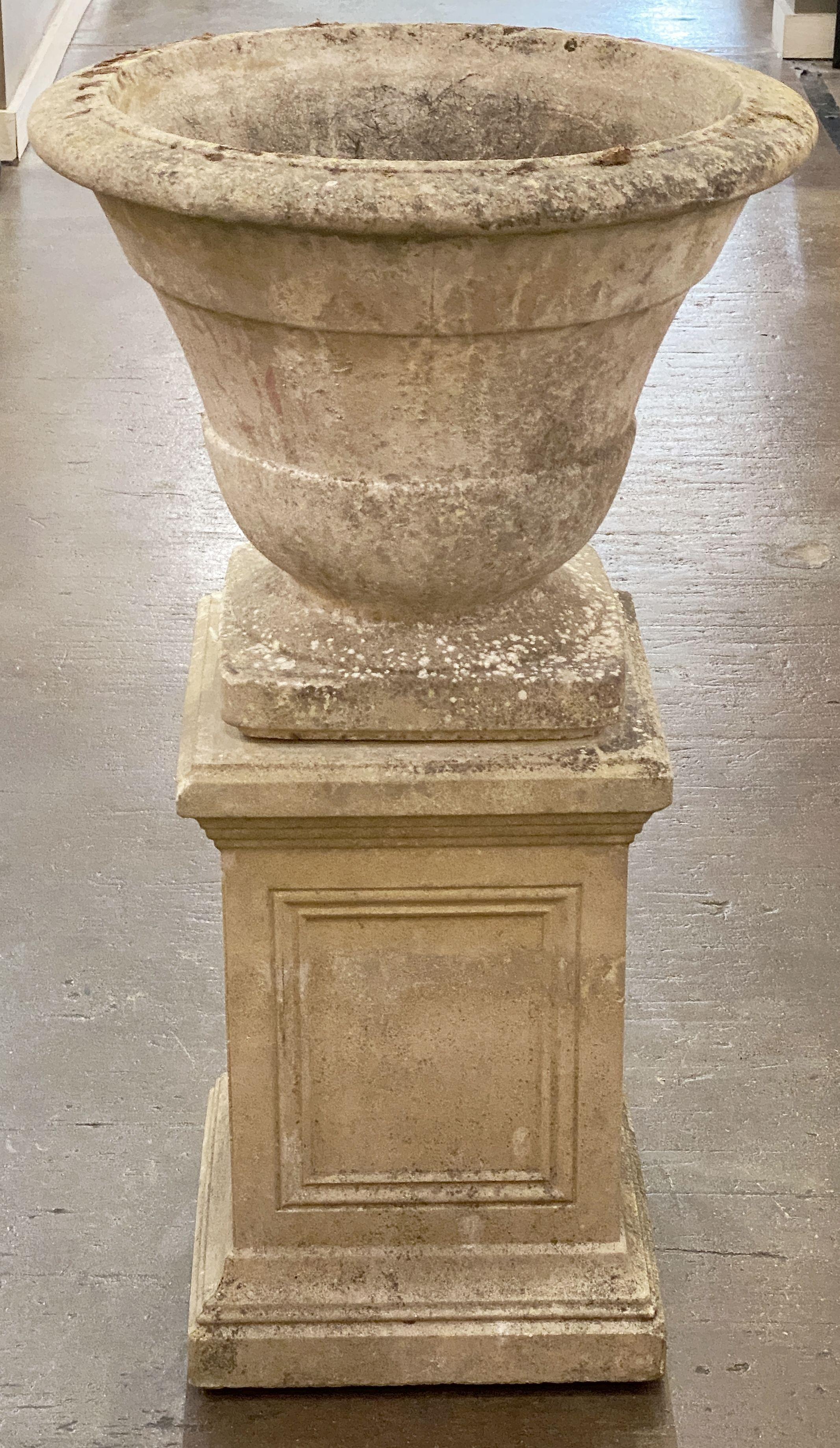 English Garden Stone Urn or Planter Pot on Square Plinth Base  6
