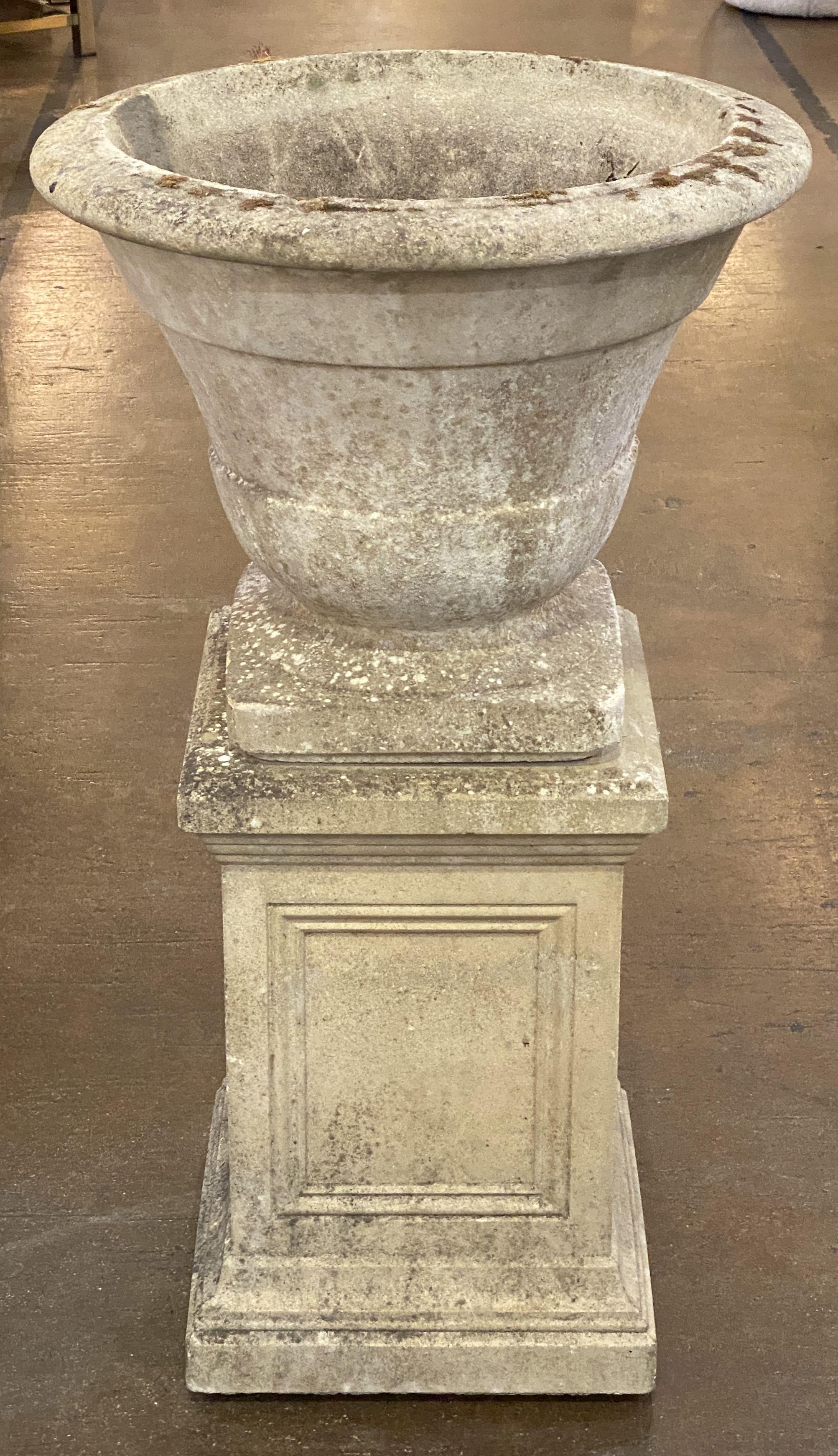 English Garden Stone Urn or Planter Pot on Square Plinth Base  8