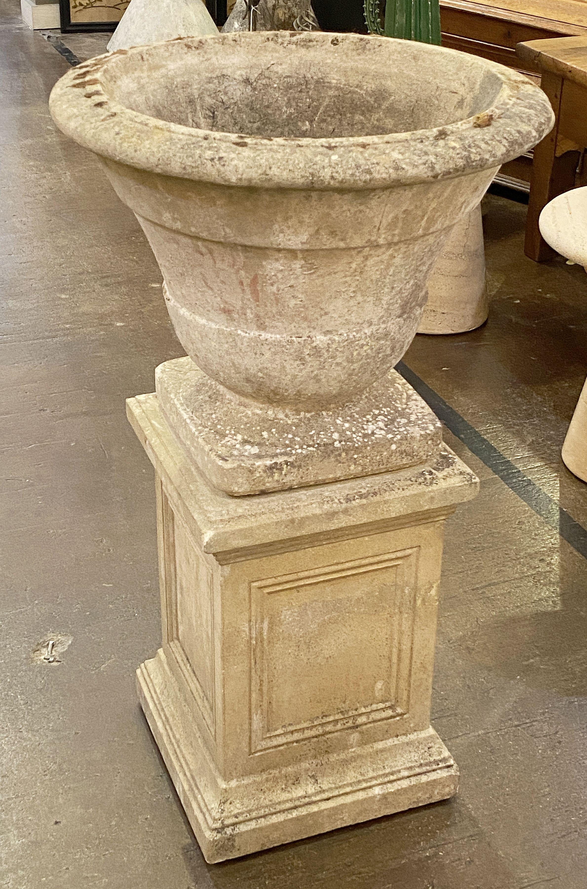 Classical Roman English Garden Stone Urn or Planter Pot on Square Plinth Base 