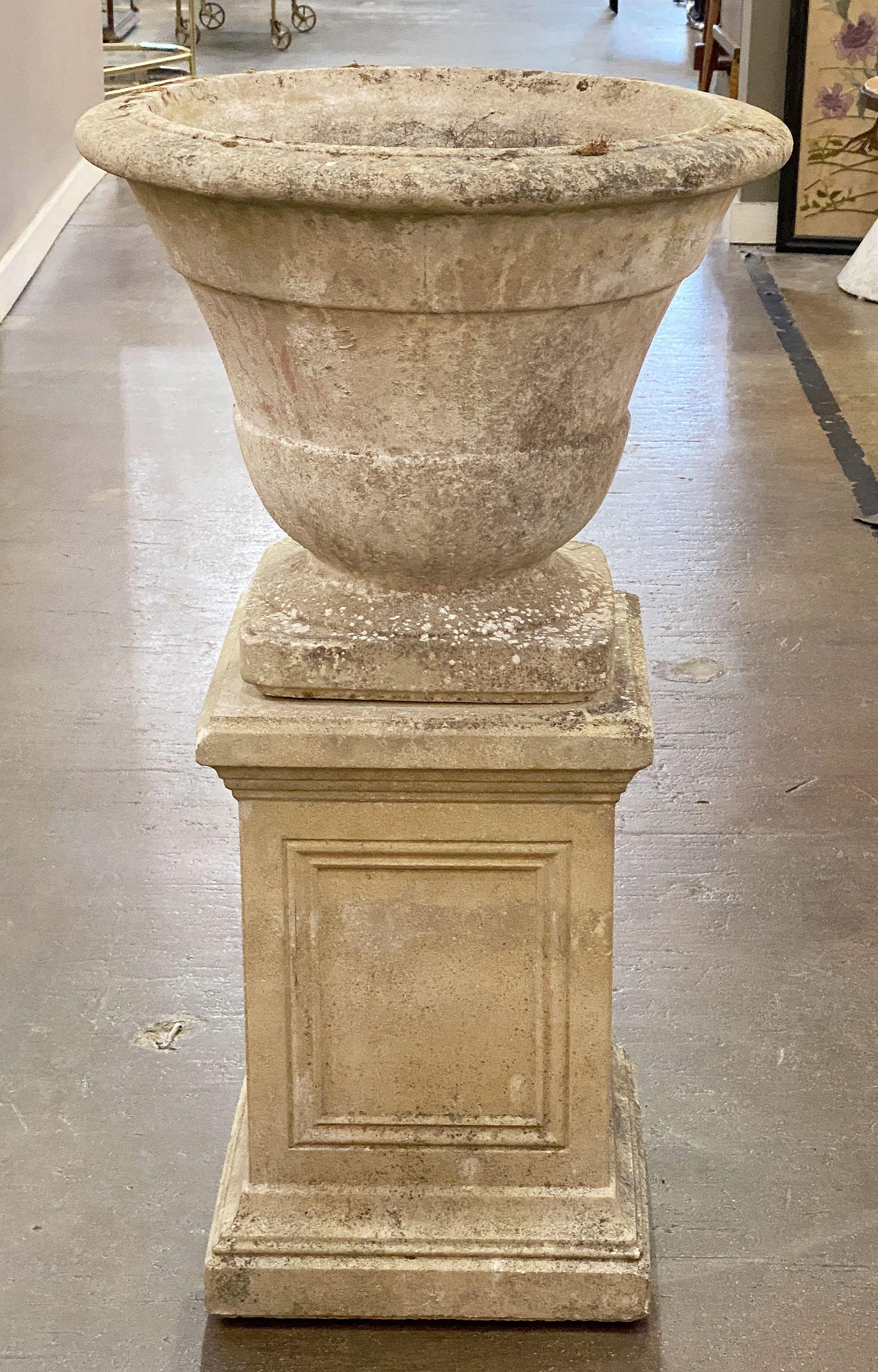 English Garden Stone Urn or Planter Pot on Square Plinth Base  1