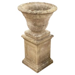 English Garden Stone Urn or Planter Pot on Square Plinth Base 