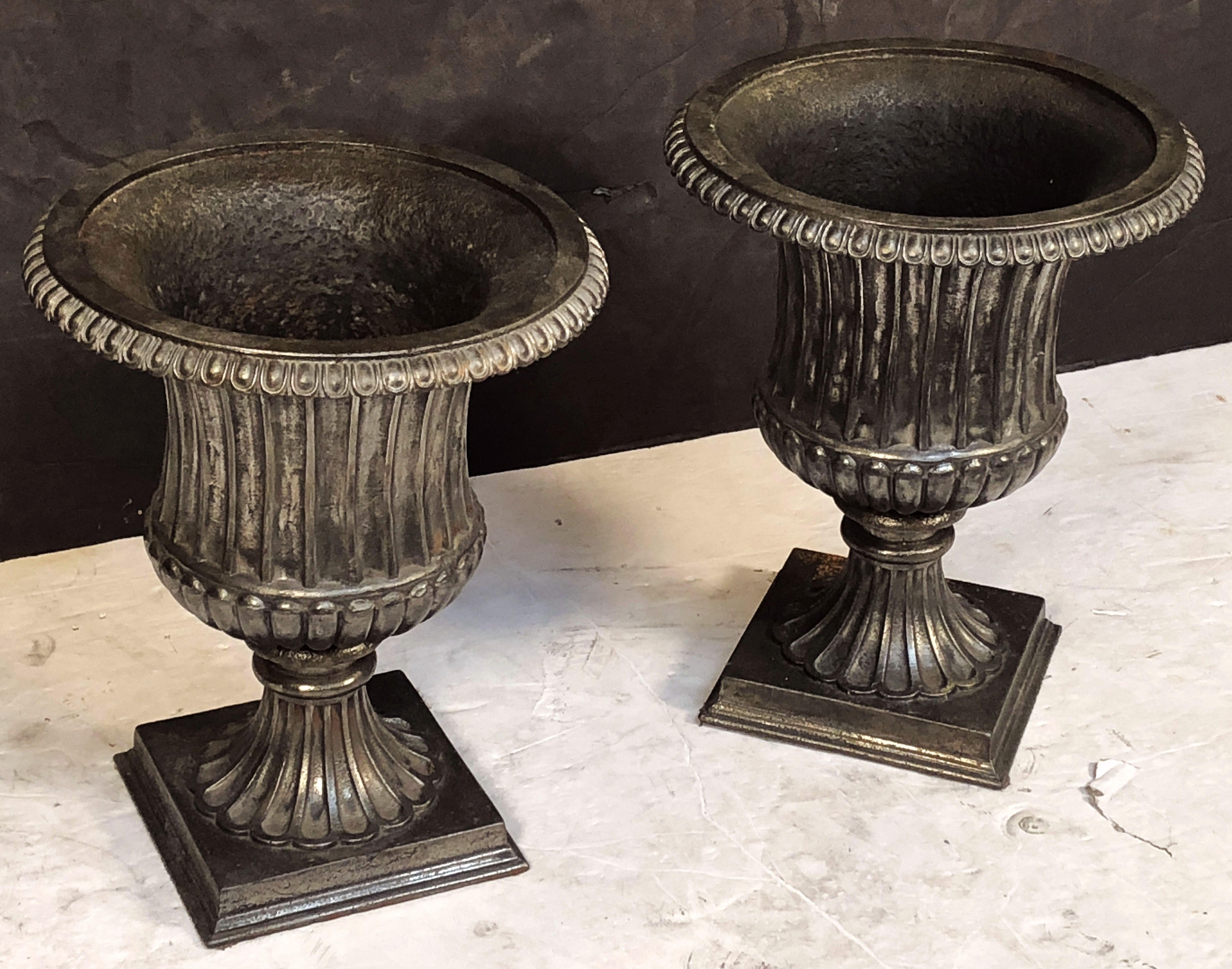A fine pair of English garden urns or planters of cast iron with a pewter or gun-metal finish, each planter urn featuring a Classical design with egg-and-dart everted rim, lobed body on a reeded round foot, and resting on a square plinth