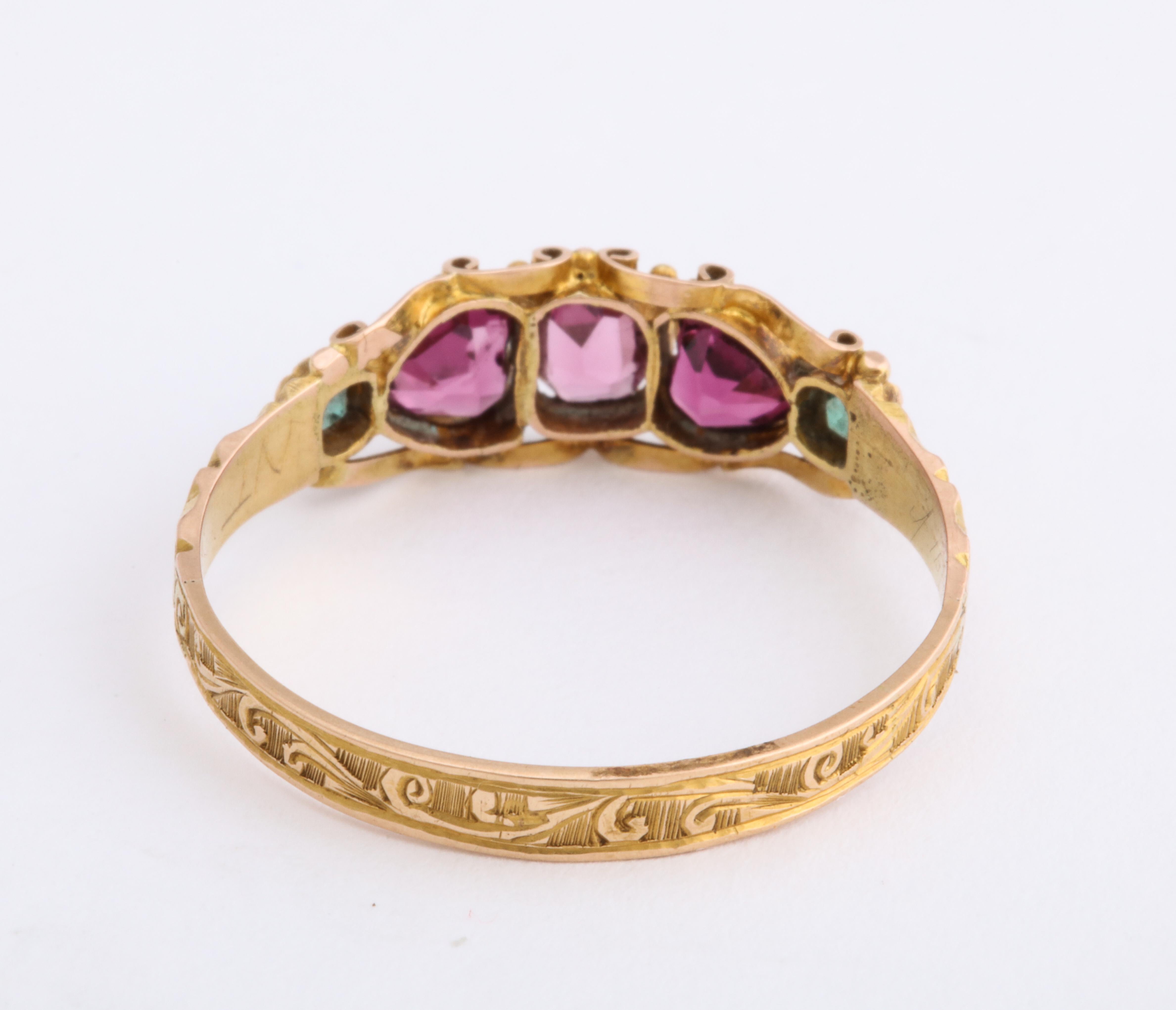 Victorian English Gold Garnet Emerald Five-Stone Ring, 1866