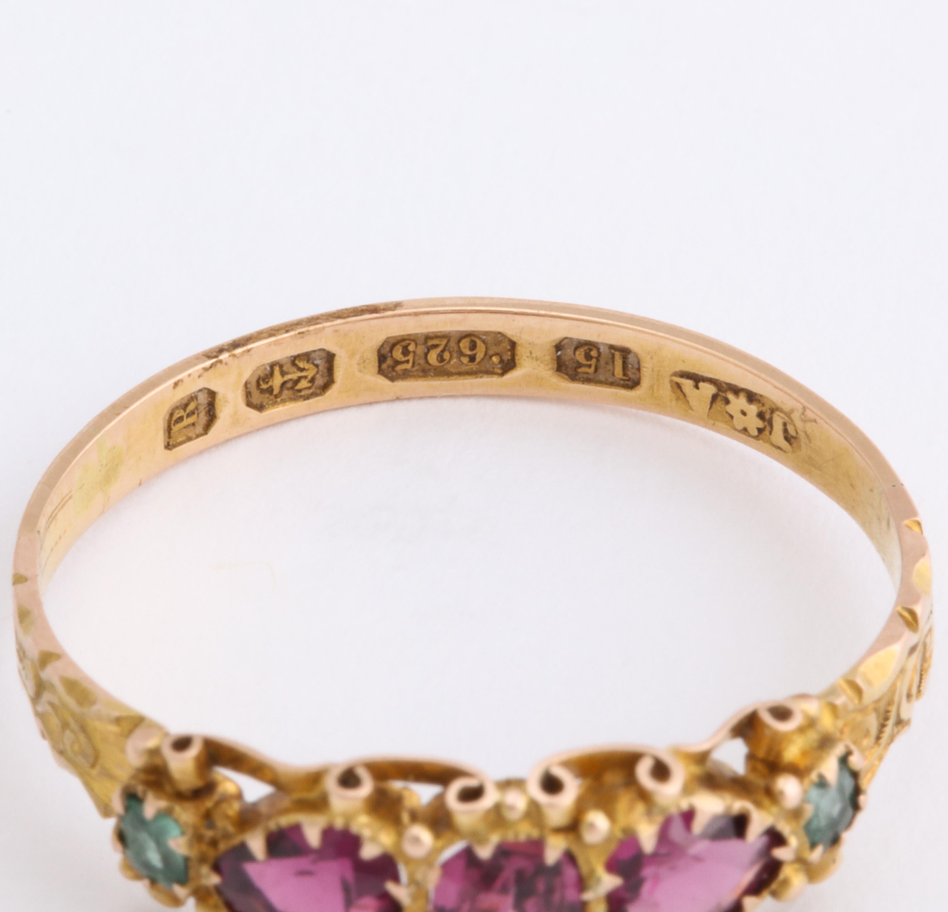 Heart Cut English Gold Garnet Emerald Five-Stone Ring, 1866