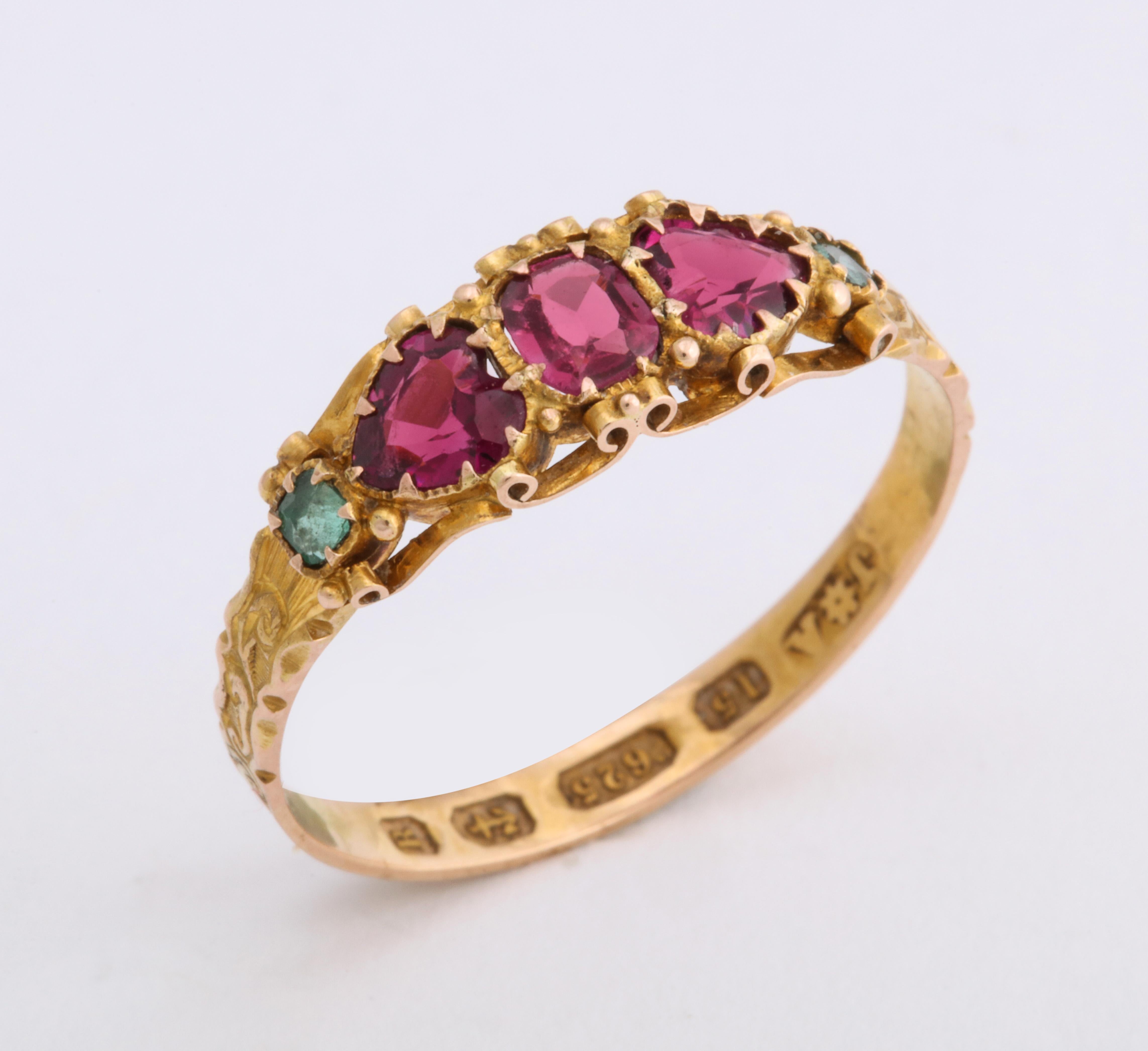 Women's or Men's English Gold Garnet Emerald Five-Stone Ring, 1866