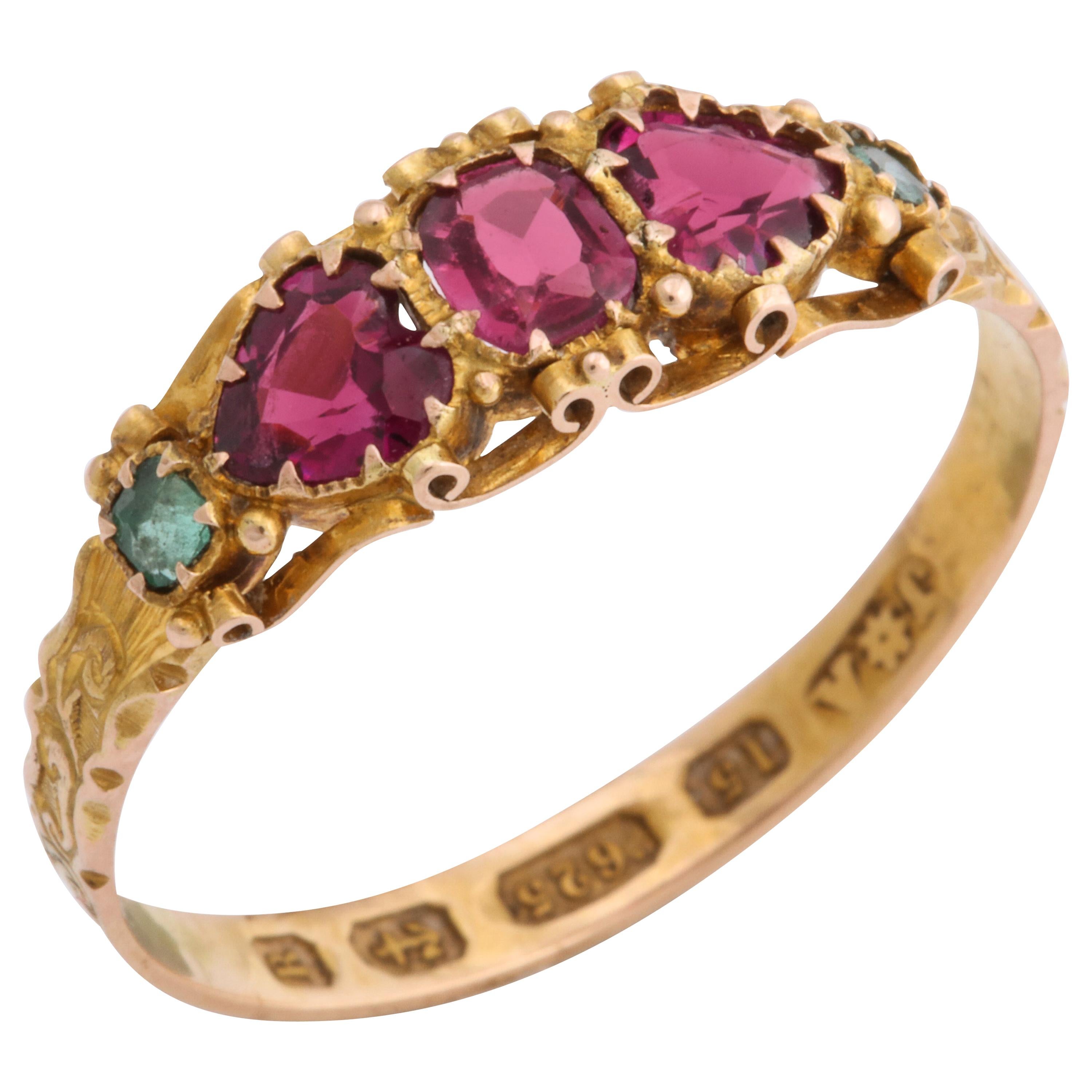 English Gold Garnet Emerald Five-Stone Ring, 1866