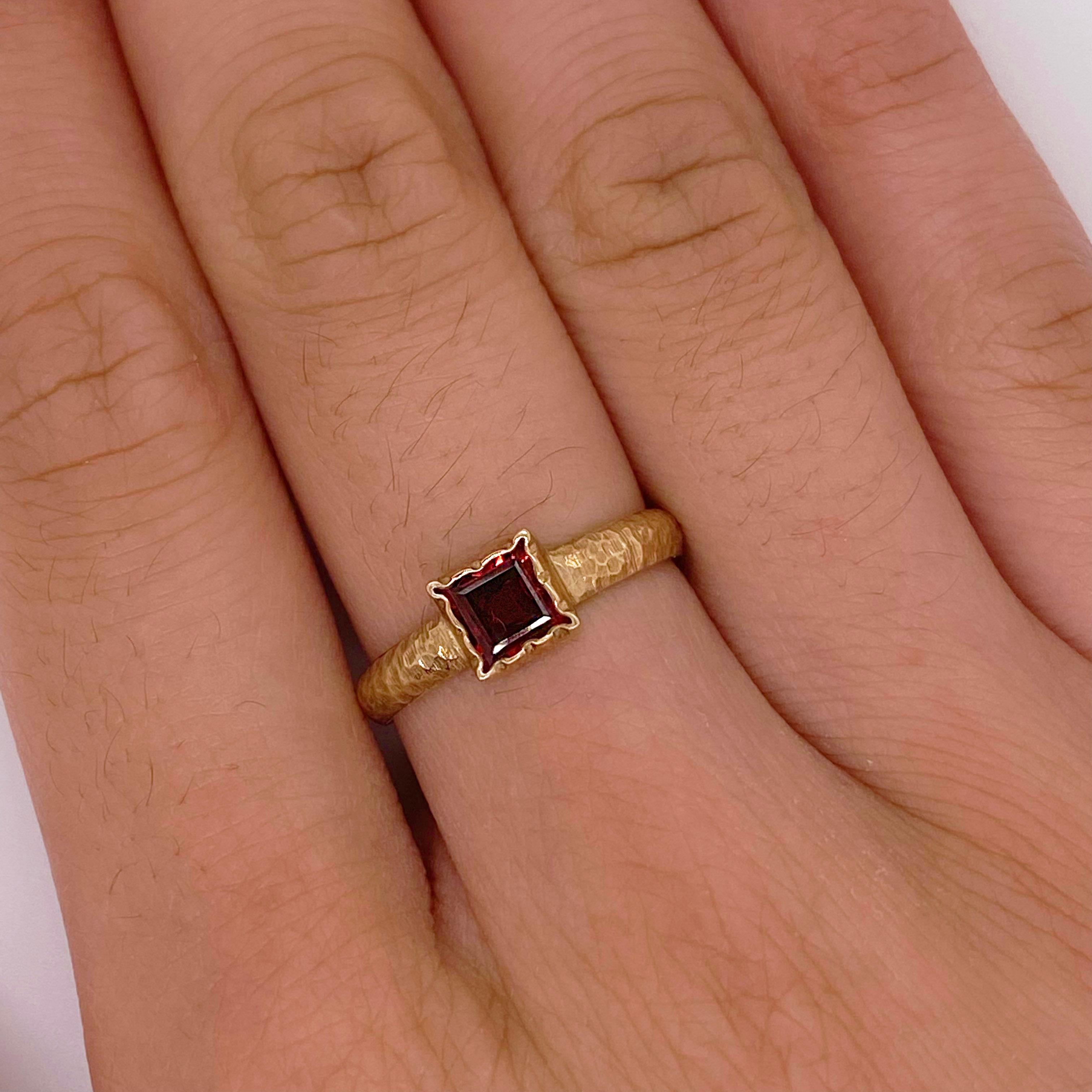 For Sale:  English Garnet Ring, Hammered Band with Satin Finish, 9K Yellow Gold, Square Cut 4