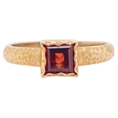 English Garnet Ring, Hammered Band with Satin Finish, 9K Yellow Gold, Square Cut