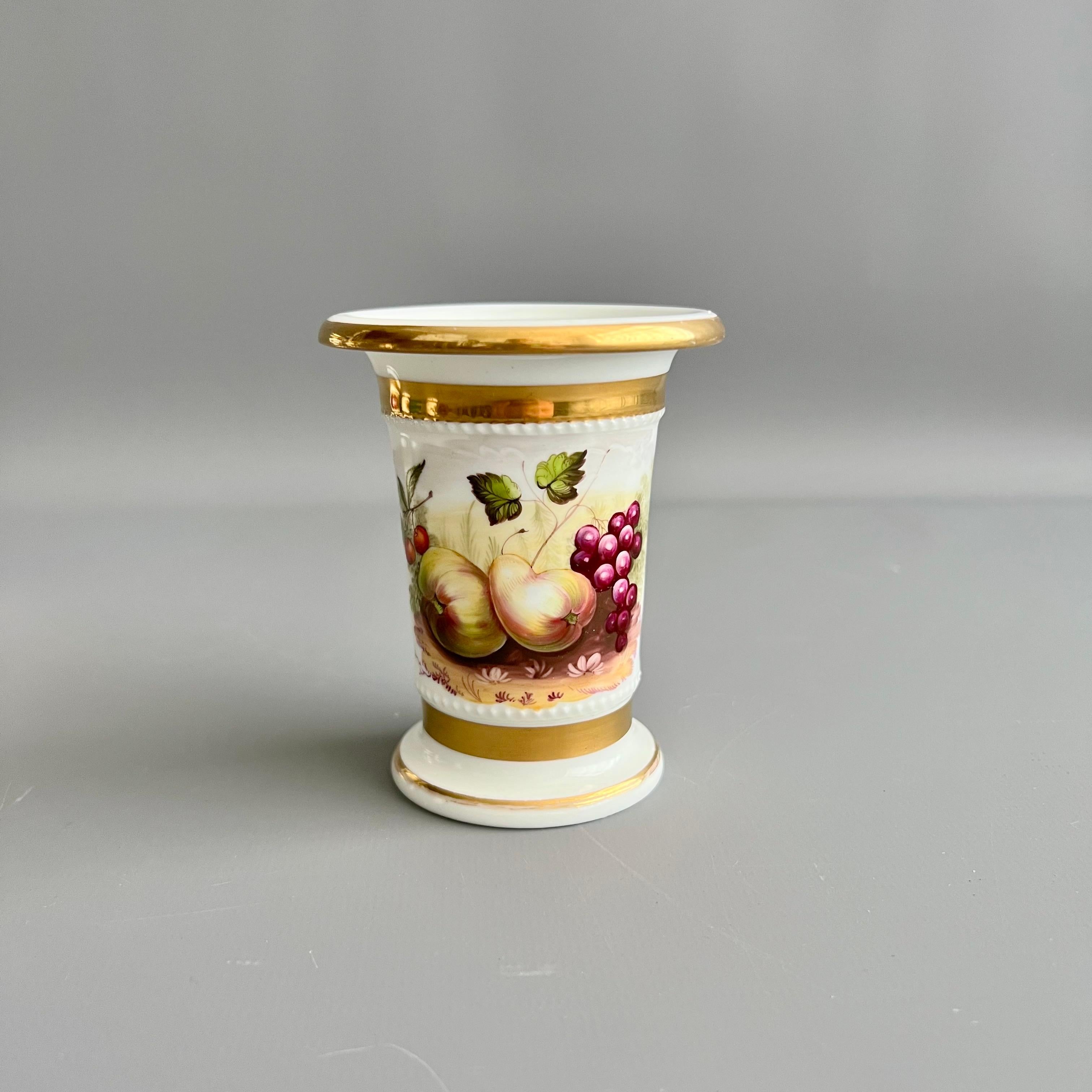 English Garniture of 5 Porcelain Vases, White, Hand Painted Fruits, 1820-1825 For Sale 5