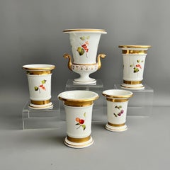 English Garniture of 5 Porcelain Vases, White, Hand Painted Fruits, 1820-1825
