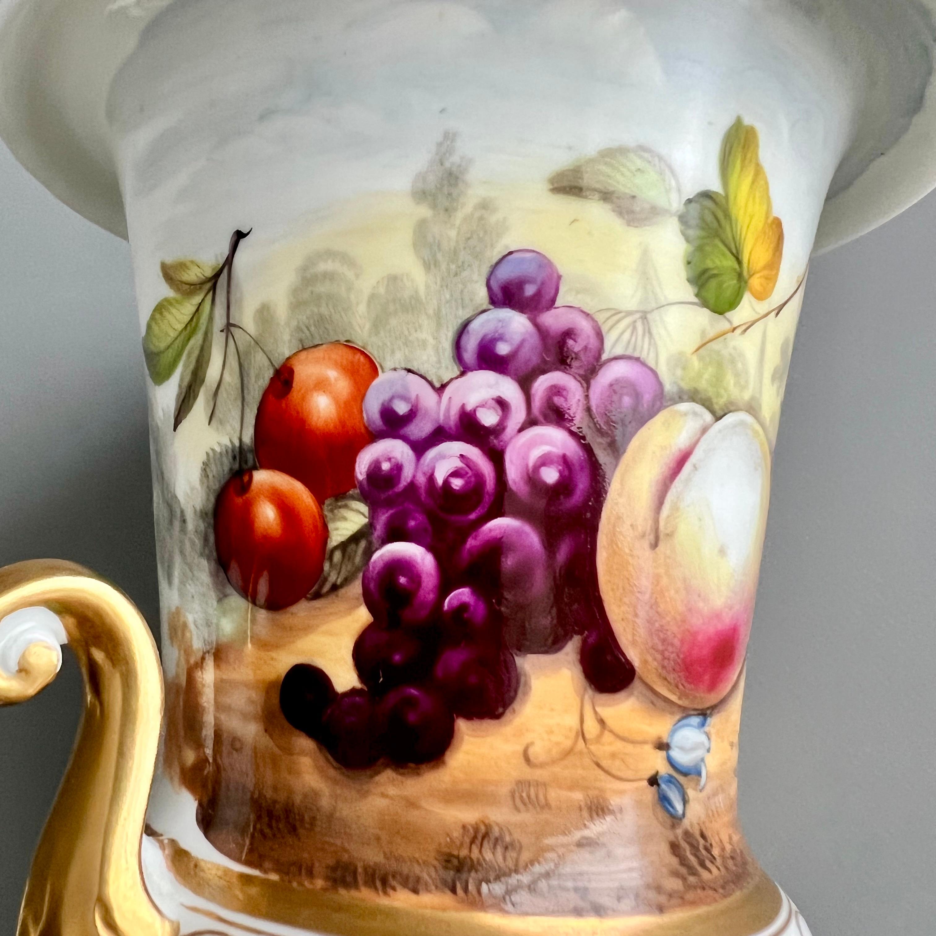 Regency English Garniture of 5 Porcelain Vases, White, Hand Painted Fruits, 1820-1825 For Sale