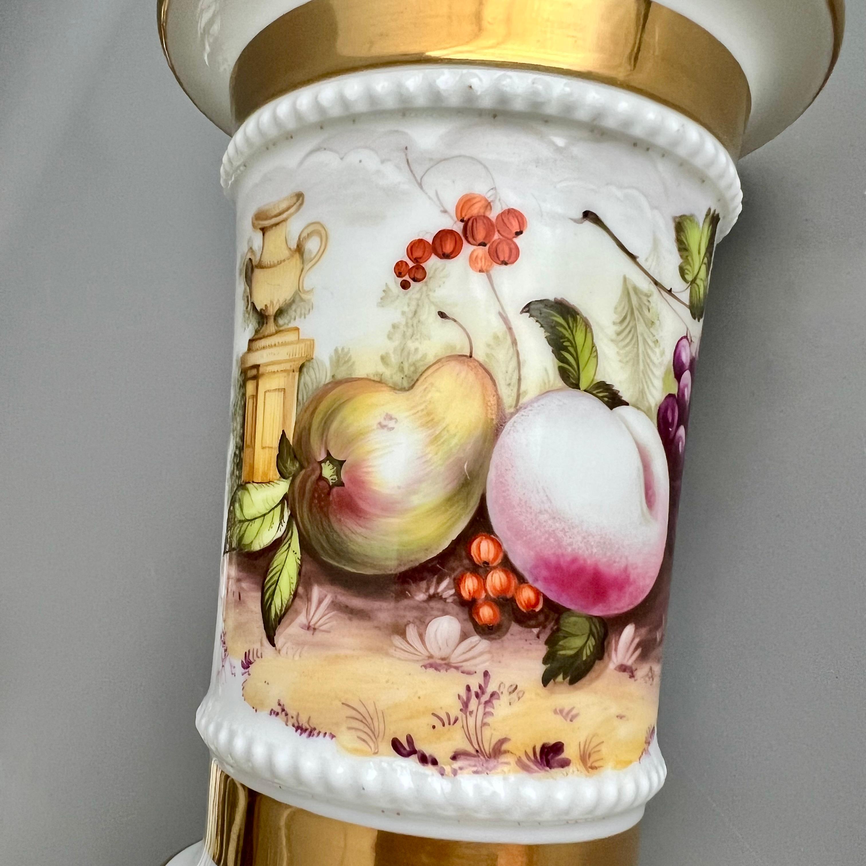 Early 19th Century English Garniture of 5 Porcelain Vases, White, Hand Painted Fruits, 1820-1825 For Sale