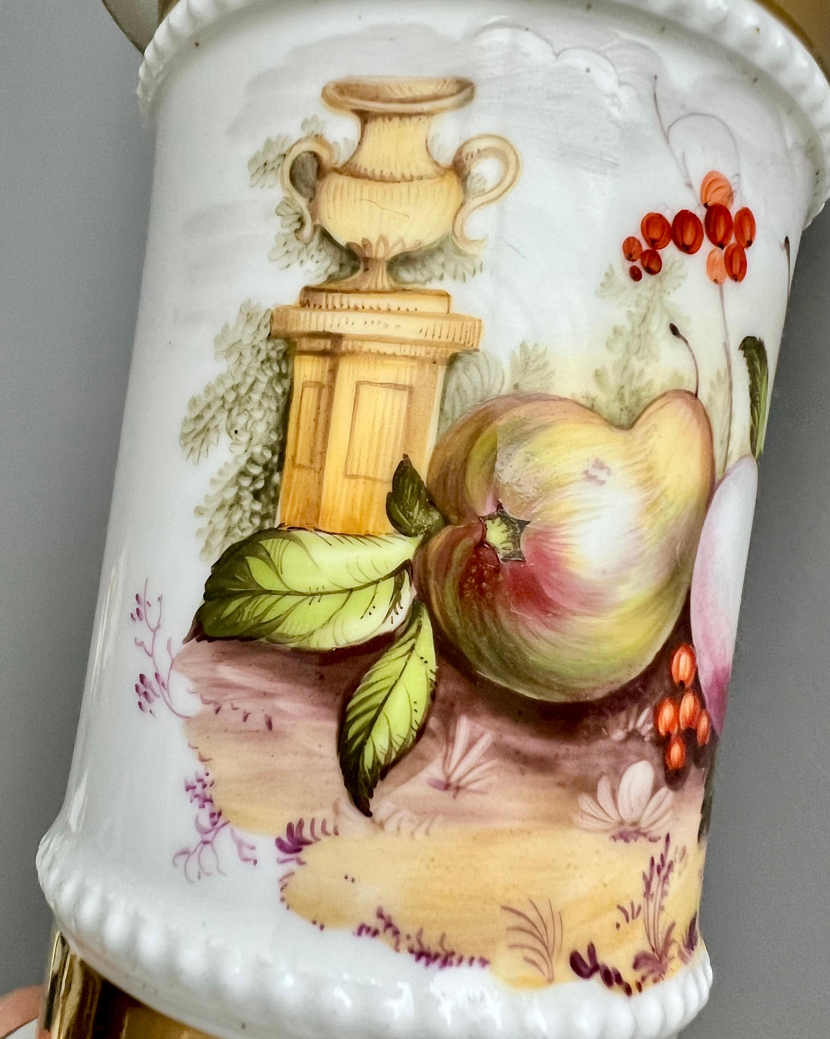 English Garniture of 5 Porcelain Vases, White, Hand Painted Fruits, 1820-1825 For Sale 1