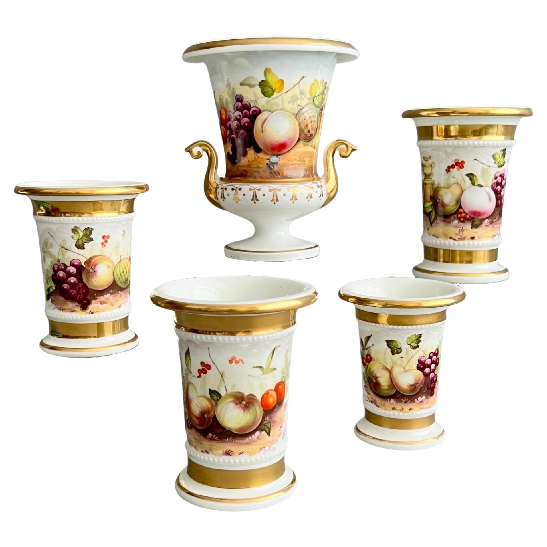 English Garniture of 5 Porcelain Vases, White, Hand Painted Fruits, 1820-1825 For Sale