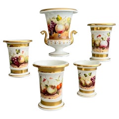 English Garniture of 5 Porcelain Vases, White, Hand Painted Fruits, 1820-1825