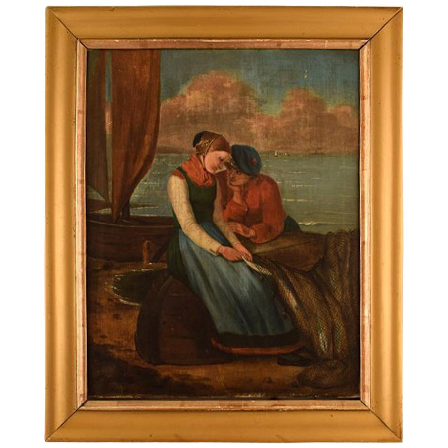 Peintre de genre anglais, Scène romantique, Jeunes couples, huile sur toile