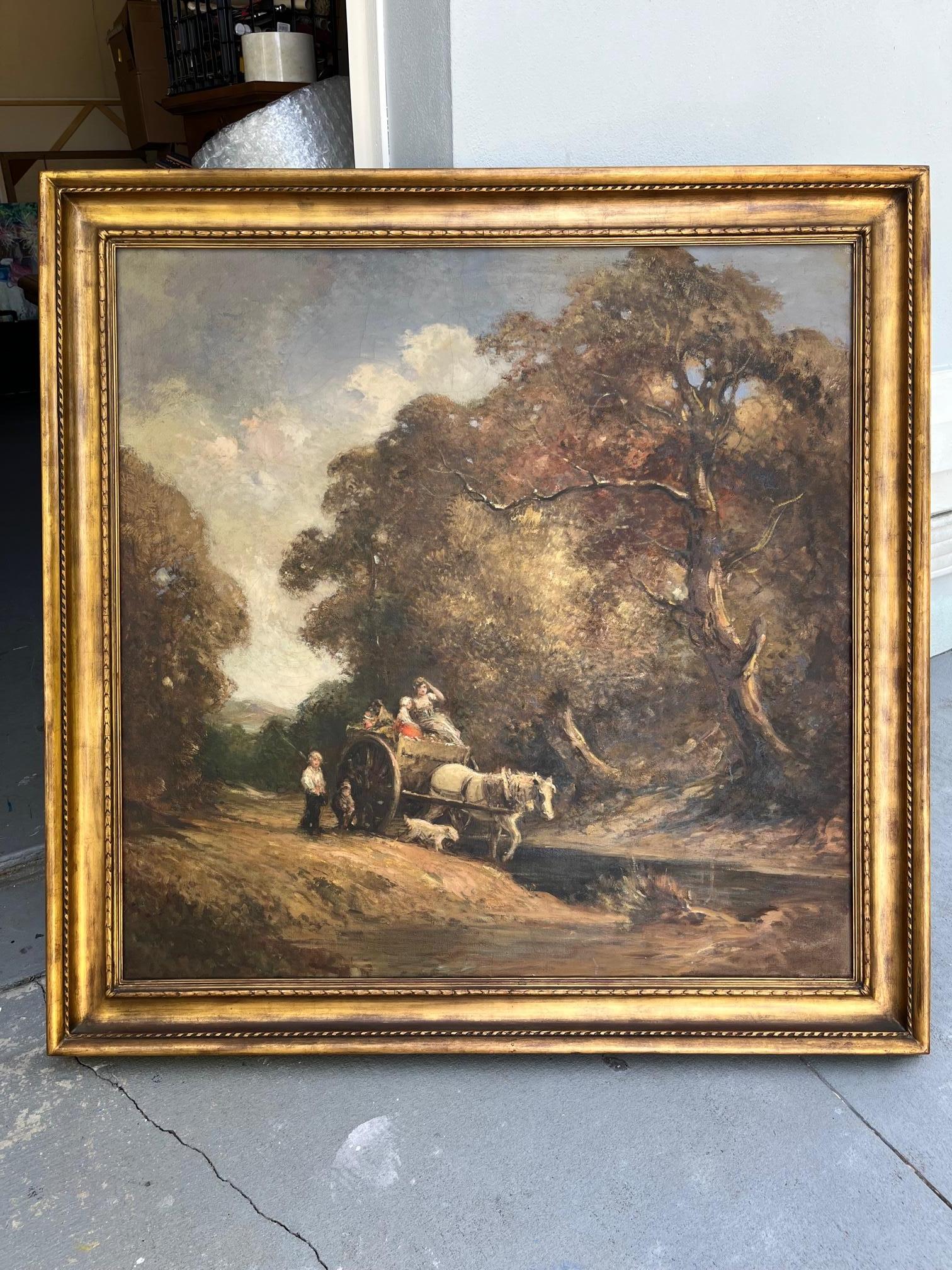 English Genre Romantic Landscape, Large Oil Painting in Newcomb-Macklin Frame For Sale 2