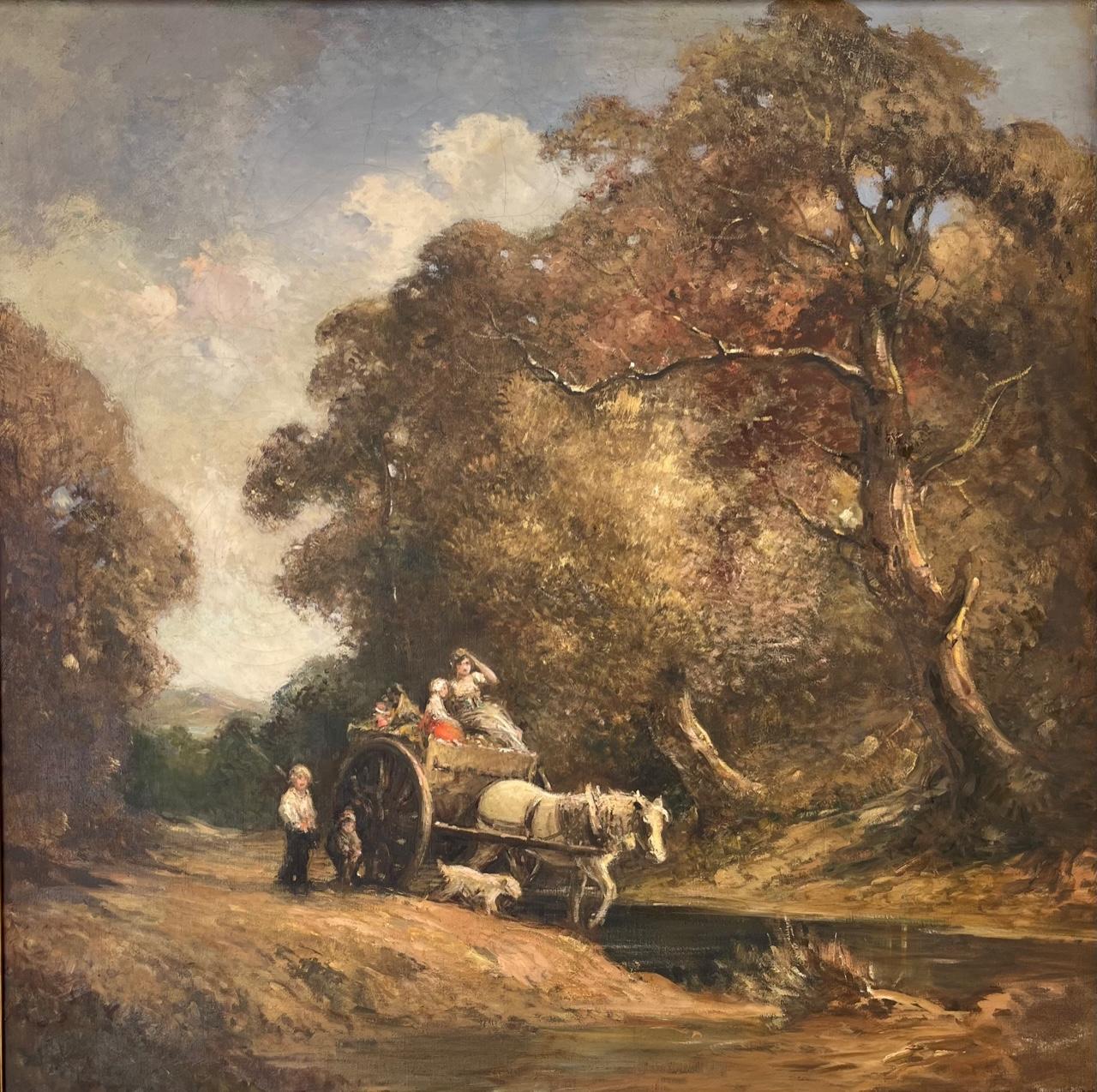 English Genre Romantic landscape oil painting in Newcomb-Macklin Frame.

This beautiful large painting, ca.1900, defines Great British landscape art. It depicts ordinary activities of daily life against a backdrop of natural scenery with rural