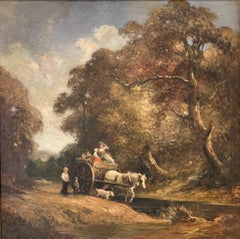 English Genre Romantic Landscape, Large Oil Painting in Newcomb-Macklin Frame