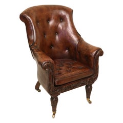 Antique English Gentleman's Mahogany, Leather Upholstered Library Armchair, circa 1830