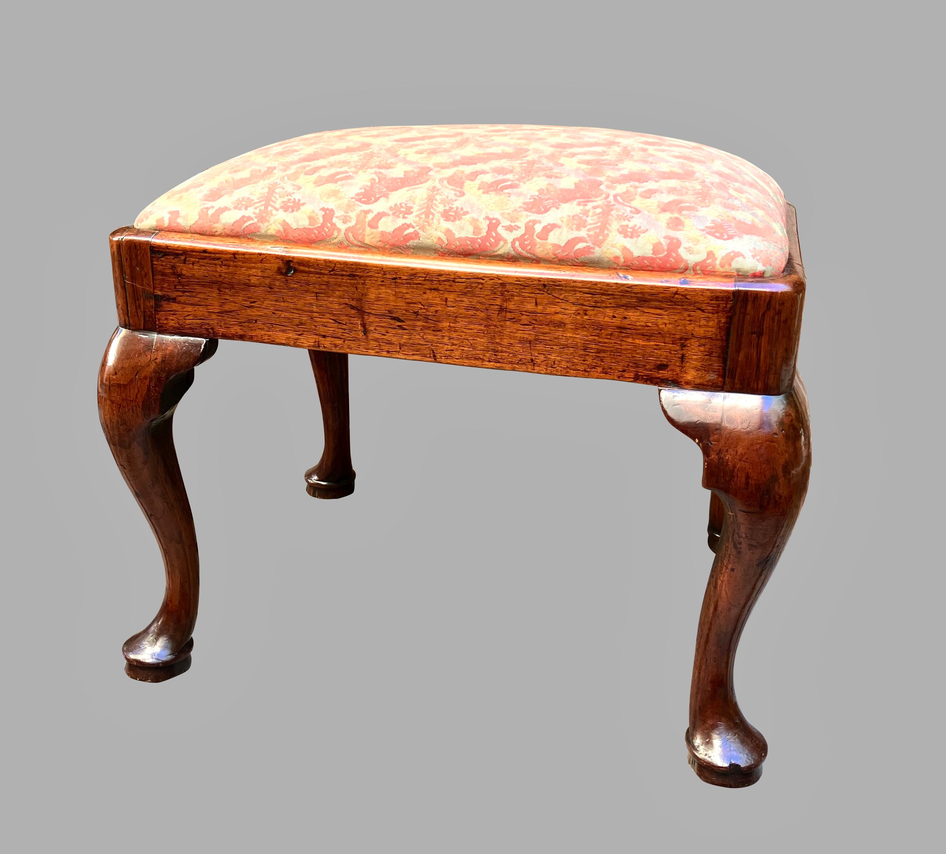 Mahogany English George I Period Small Bench Now Upholstered in Fortuny Fabric  For Sale